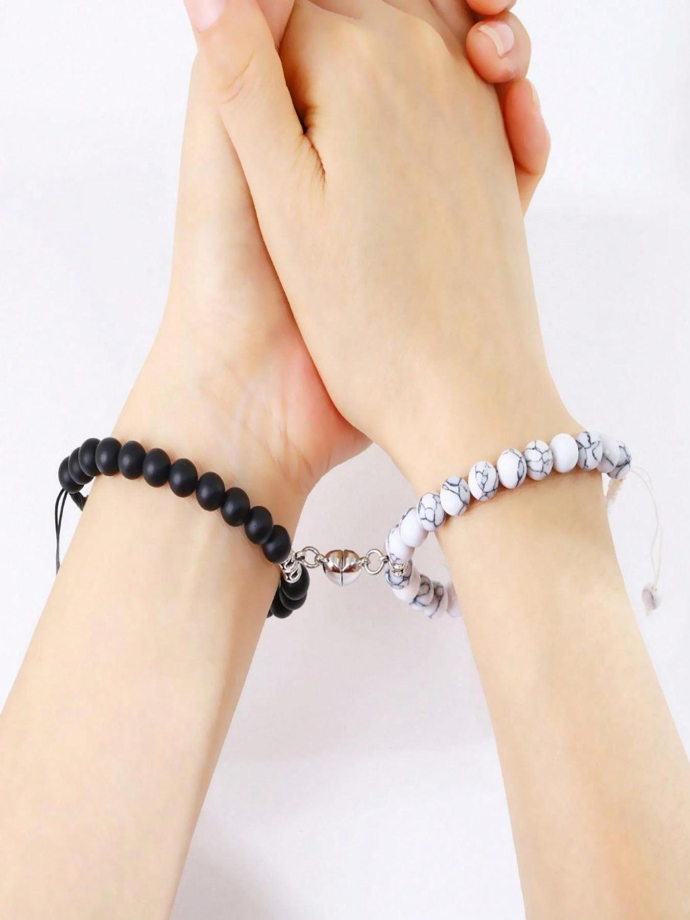 Unisex Fashion Marble Heart Magnet Beaded Bracelet & Moon & Sun Pendant Necklace, Matching Jewelry Set, Fashion Jewelry for Party, Daily Clothing Decor, Trendy All-match & Exquisite Jewelry for Birthday Gift