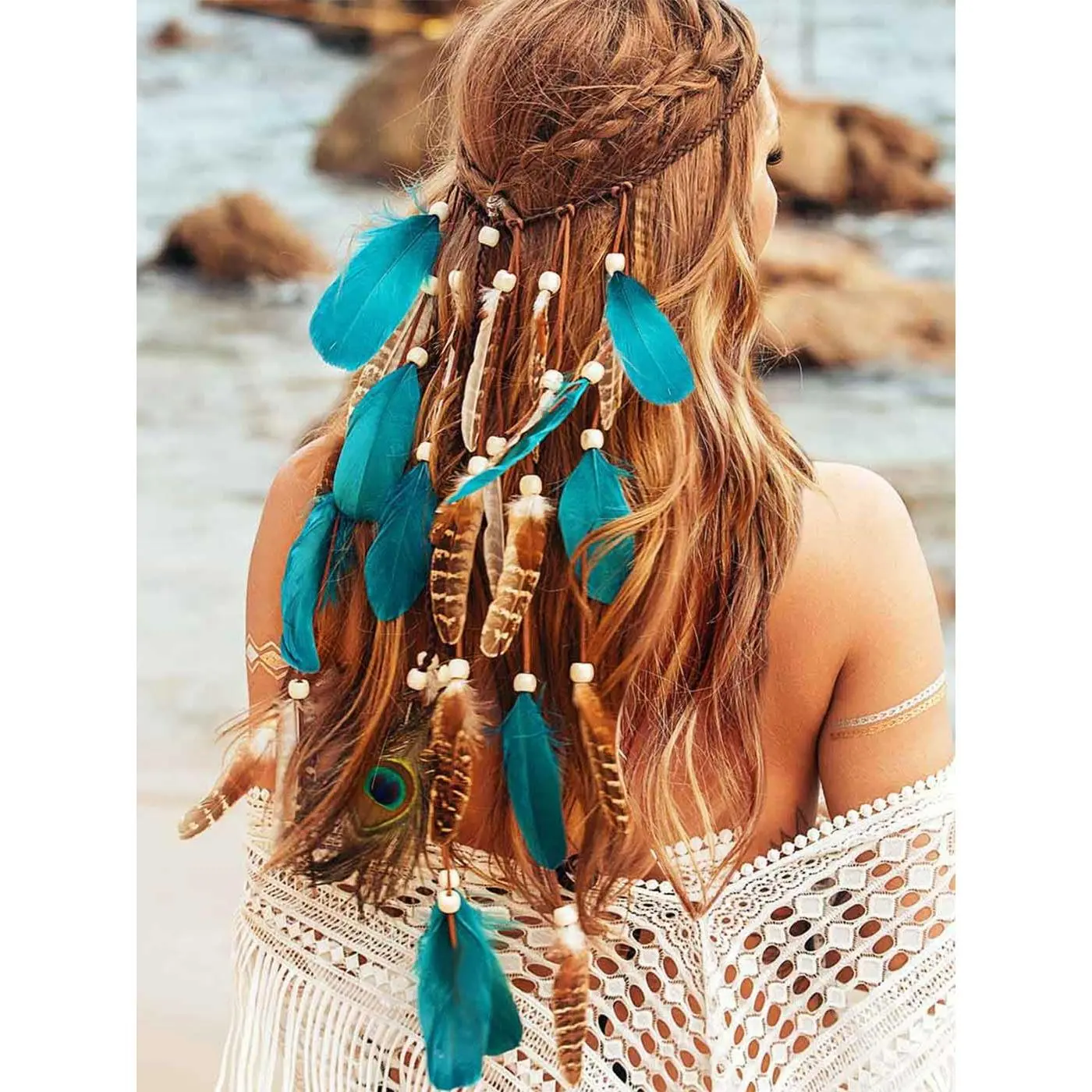 Adjustable Unisex Lightweight Elegant Bohemian Feather Headband - Gypsy Costume Headdress, Indian Hair Accessory for Halloween, Beach, Prom, Casual Use (White)