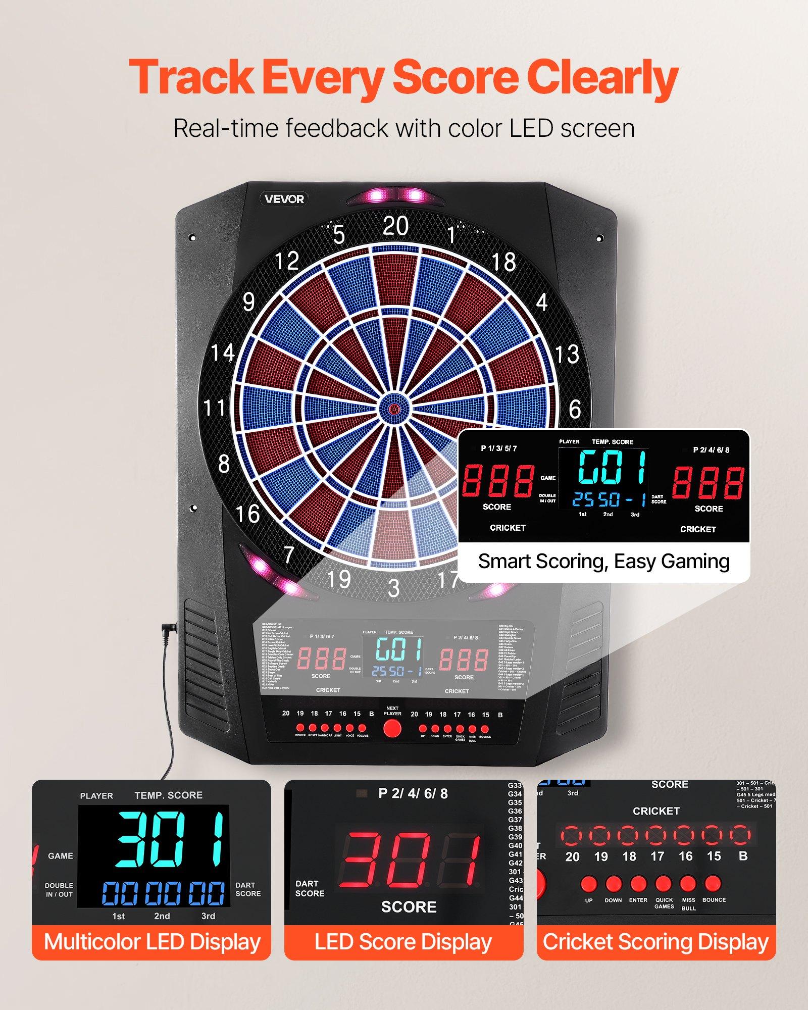 VEVOR Electronic Dart Board, 13.5" Target Dartboard with 45 Games & 474 Variations for Up to 8 Players, 6 Dart Shafts with Flights & 50 Soft Tips, Color LED Cricket Scoring Screen for Home Party Bar