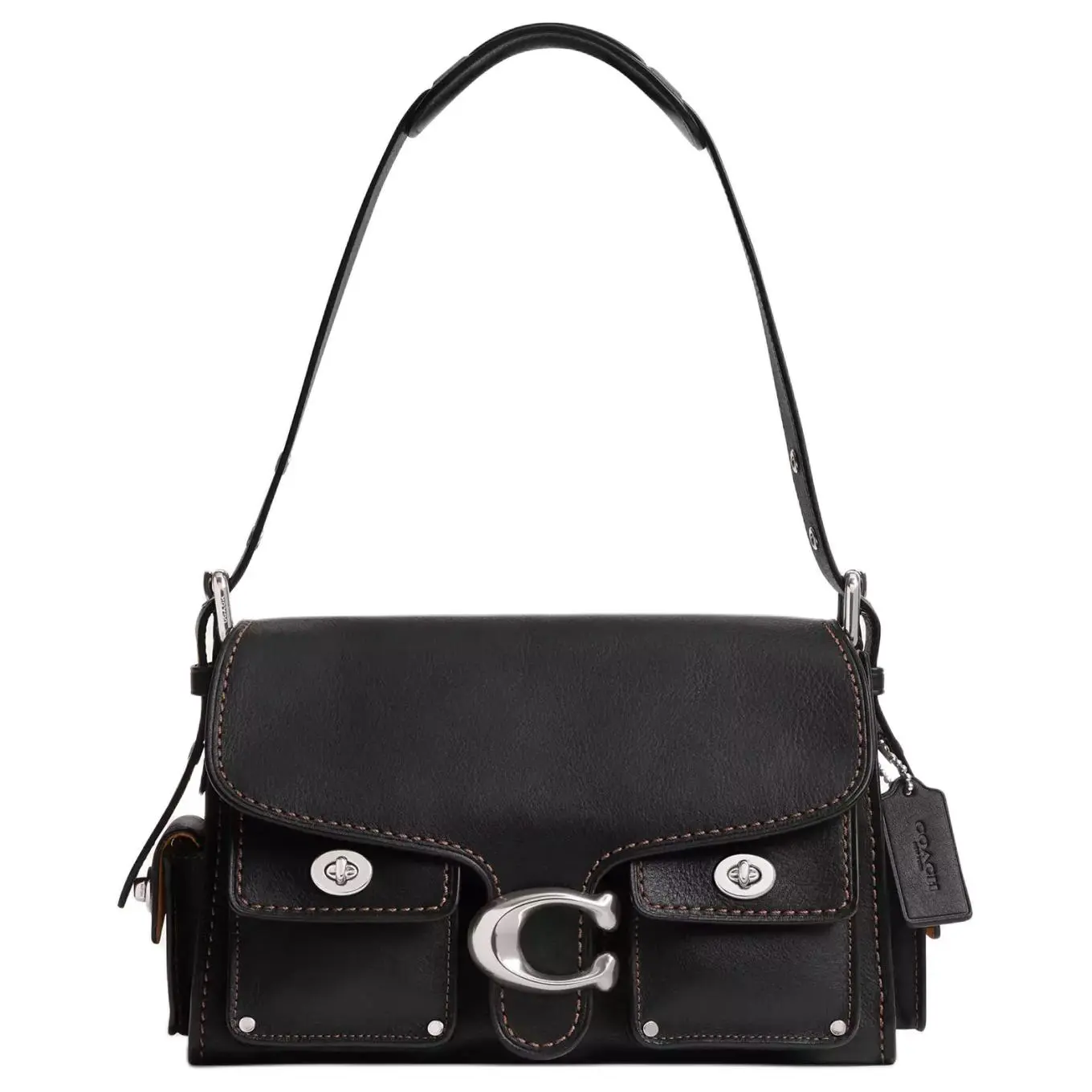 COACH CargoSoft Tabby 26 Crossbody Bag for Women – Metallic Silver Logo, Natural Grain Leather, Moto-Style, Black
