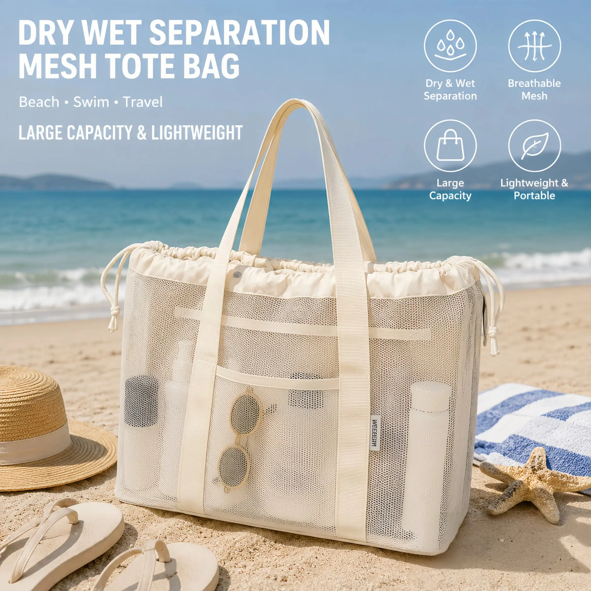 Swim Bag Dry Wet Separation Storage Bag, Waterproof Mesh Travel Beach Bag, Summer Travel Bag, Large Capacity Shower Bag for Women, Ideal for Vacation, Travel Essentials