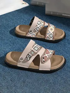 Men Dual Strap Ethnic Geometric Print Slide Sandals Letter Metal Decor Breathable Woven Insole Non Slip Flat Rubber Sole Casual Outdoor Walking Slippers