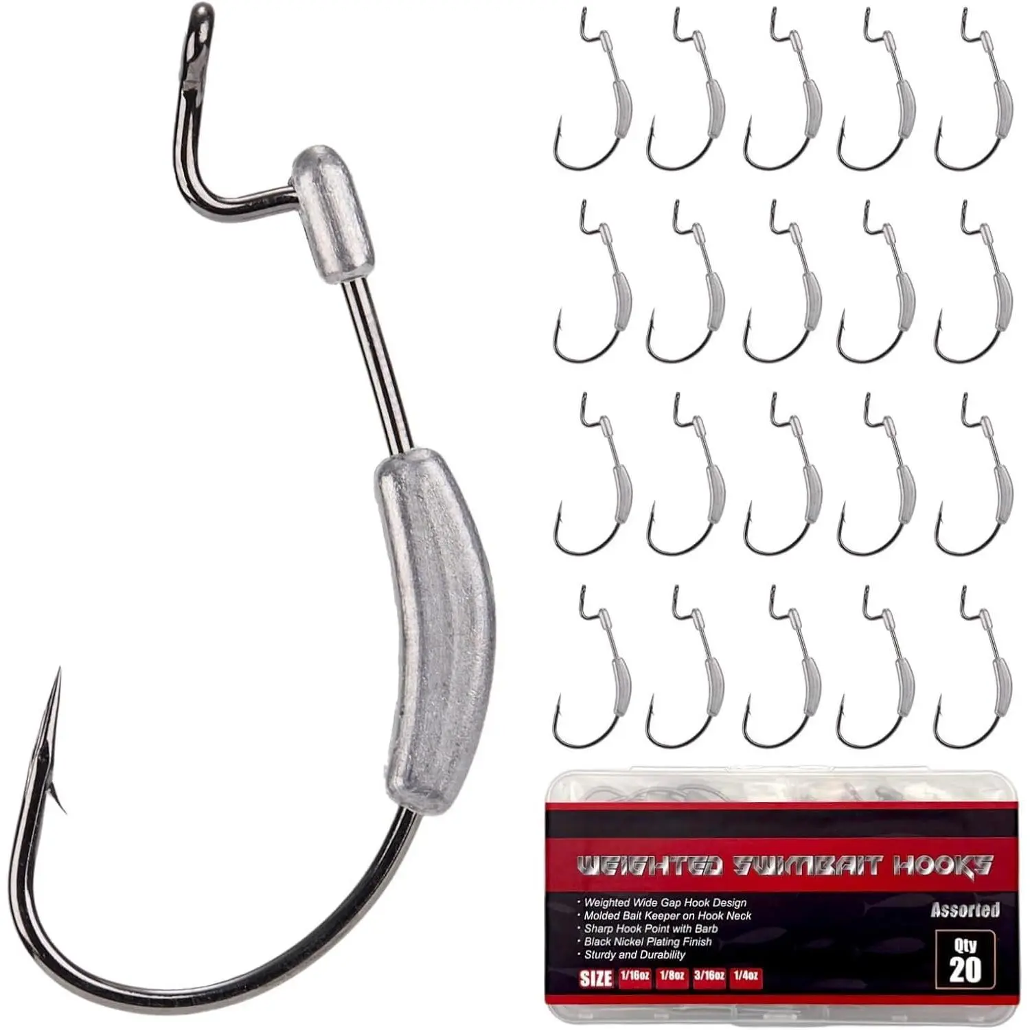 Weighted Hooks for Fishing, 20 count Weedless Worm Hooks 1/0-4/0 |  Weighted Swimbait Hooks for Bass Fishing, Offset Wide Gap Fish Hooks for Soft Plastics, Molded  Keeper Design
