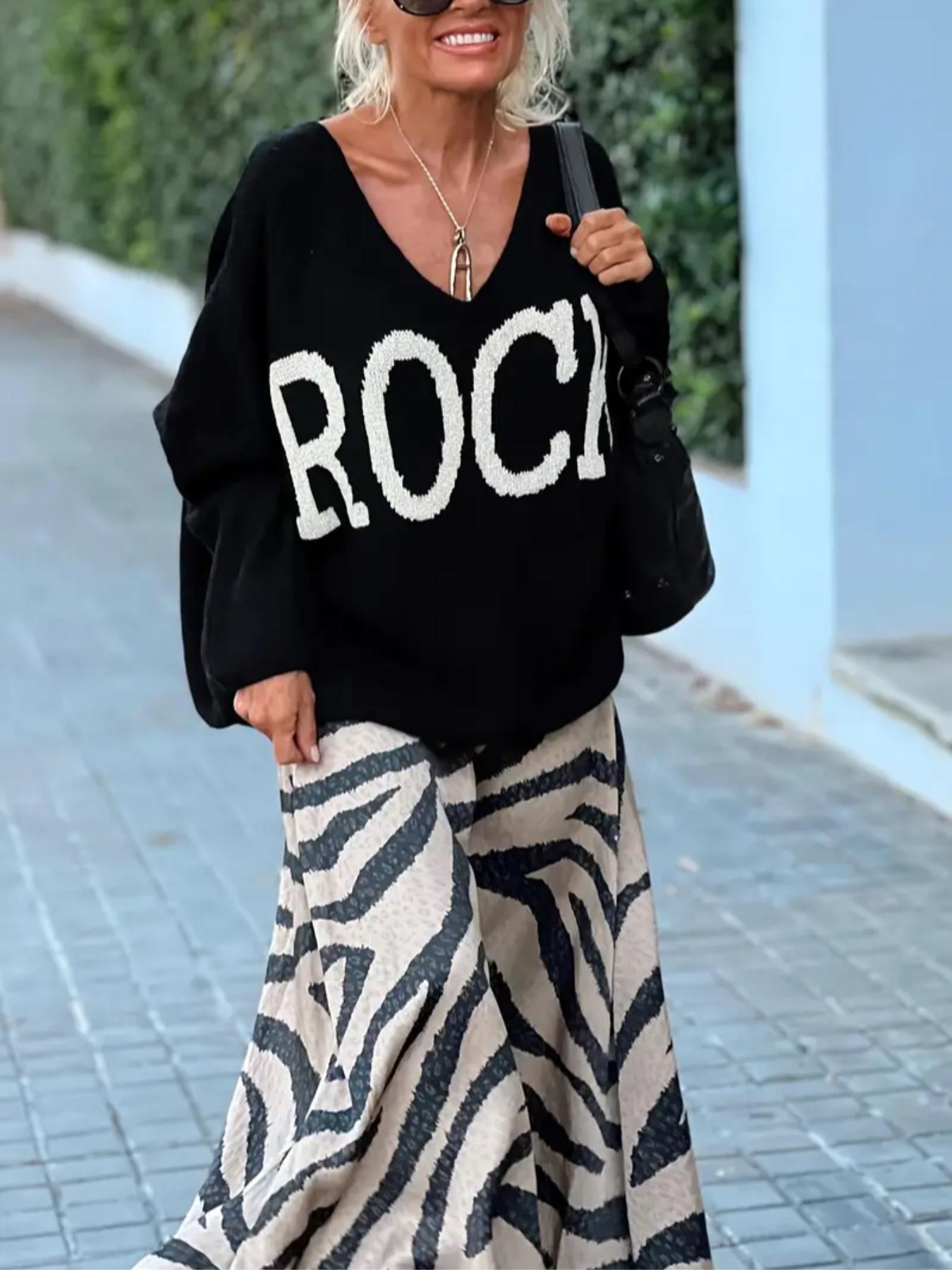 Plus Size Knit Dress with Peace Letter Print, Casual Long Sleeve V Neck Design for Women, Stylish Fashion for Curvy Figures, Fit, Style