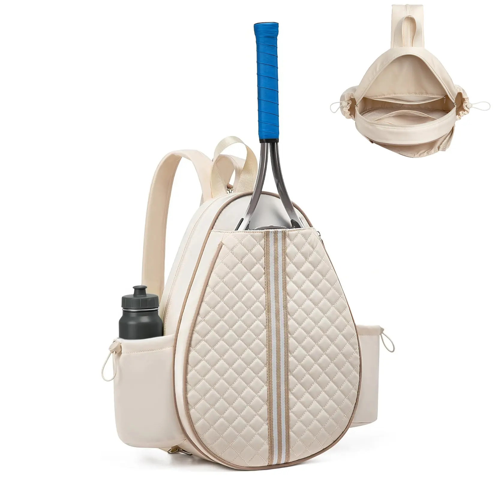 Quilted Water-Resistant Tennis Sling Backpack – Lightweight Crossbody Racket Bag – Fits 2 Tennis or Pickleball Racquets – Stylish Unisex Polyester Tote with Bottle Holders