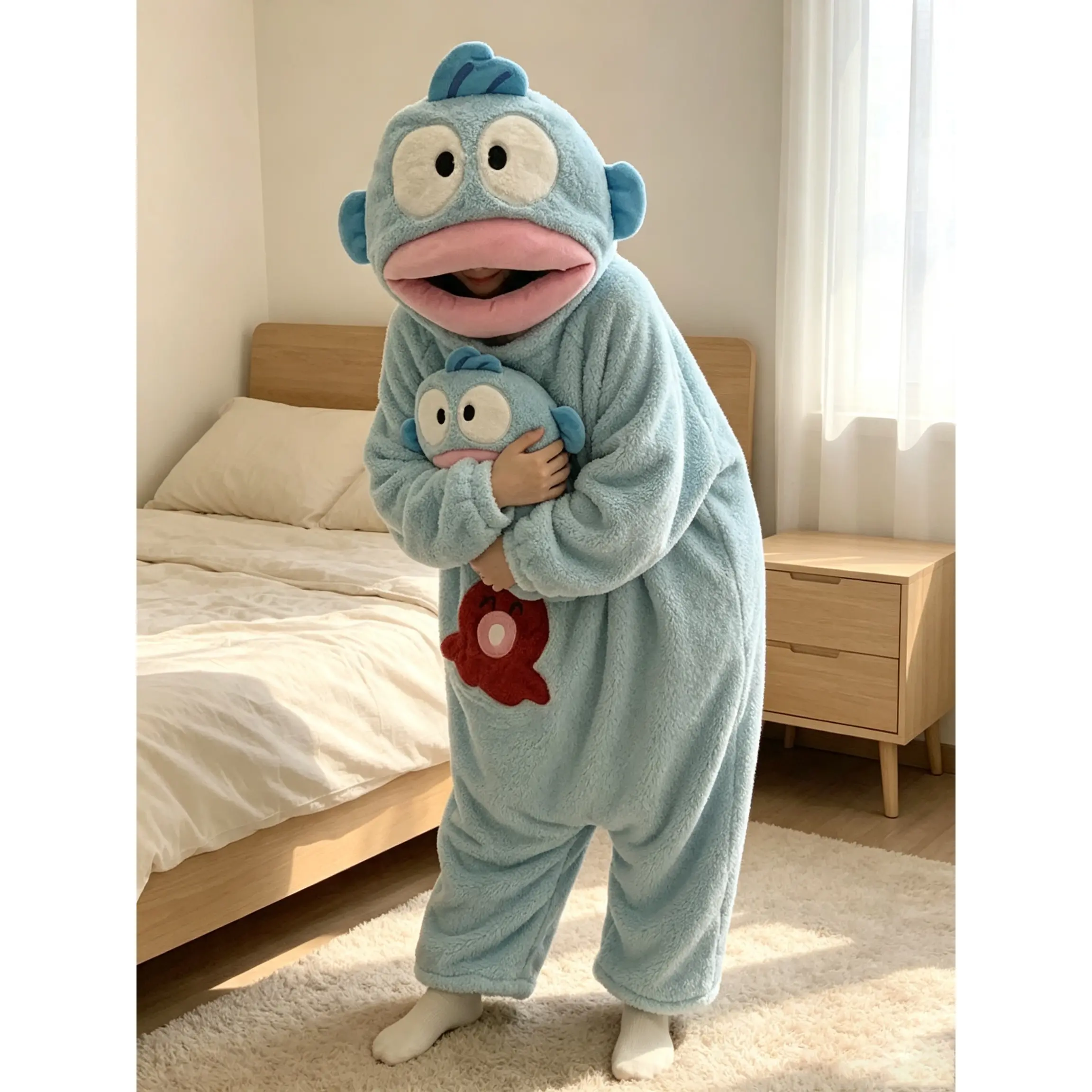 Half fish man Cartoon Ugly Fish Onesie Pajamas for Couples| Thick Coral Fleece Hooded Loungewear| Funny Sleepwear Clothes Fabric