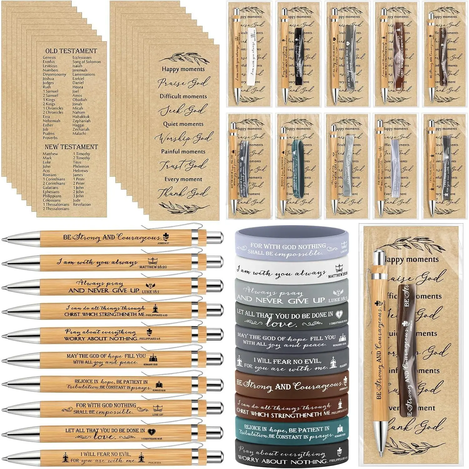 10-Set Religious Theme Scripture Sets - Christian Verse Pens, Scripture Bracelets, Religious Bookmarks - Inspirational Quote Office Stationery Gifts for Church Events, Easter Celebration