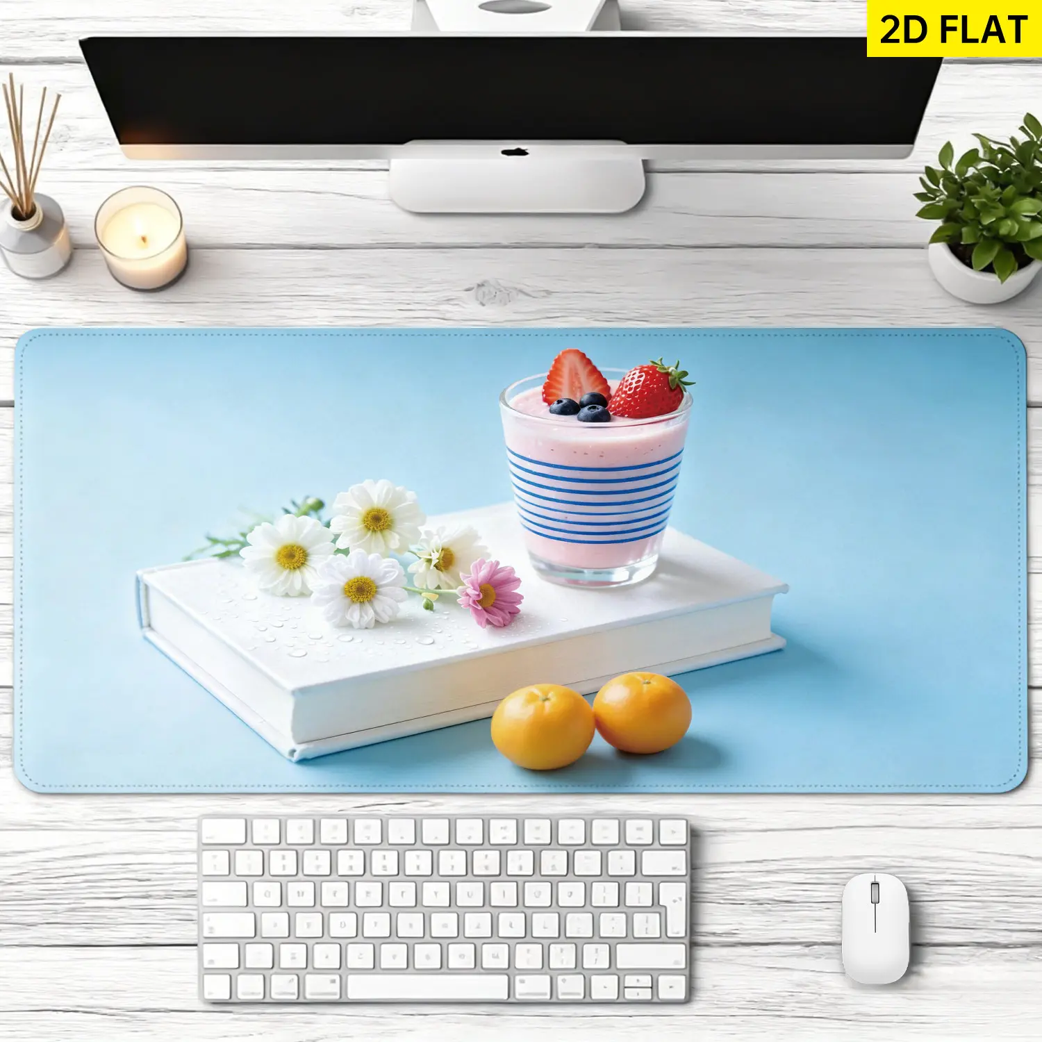 Extra Large strawberry yogurt and flower design Mouse Pad,Non Slip Rubber Pad,Desktop Decoration Drotection Pad,Washable,Lock Edge Multi Size,Premium Multipurpose Mousepad For Home,Office,Gift for Family and Friends