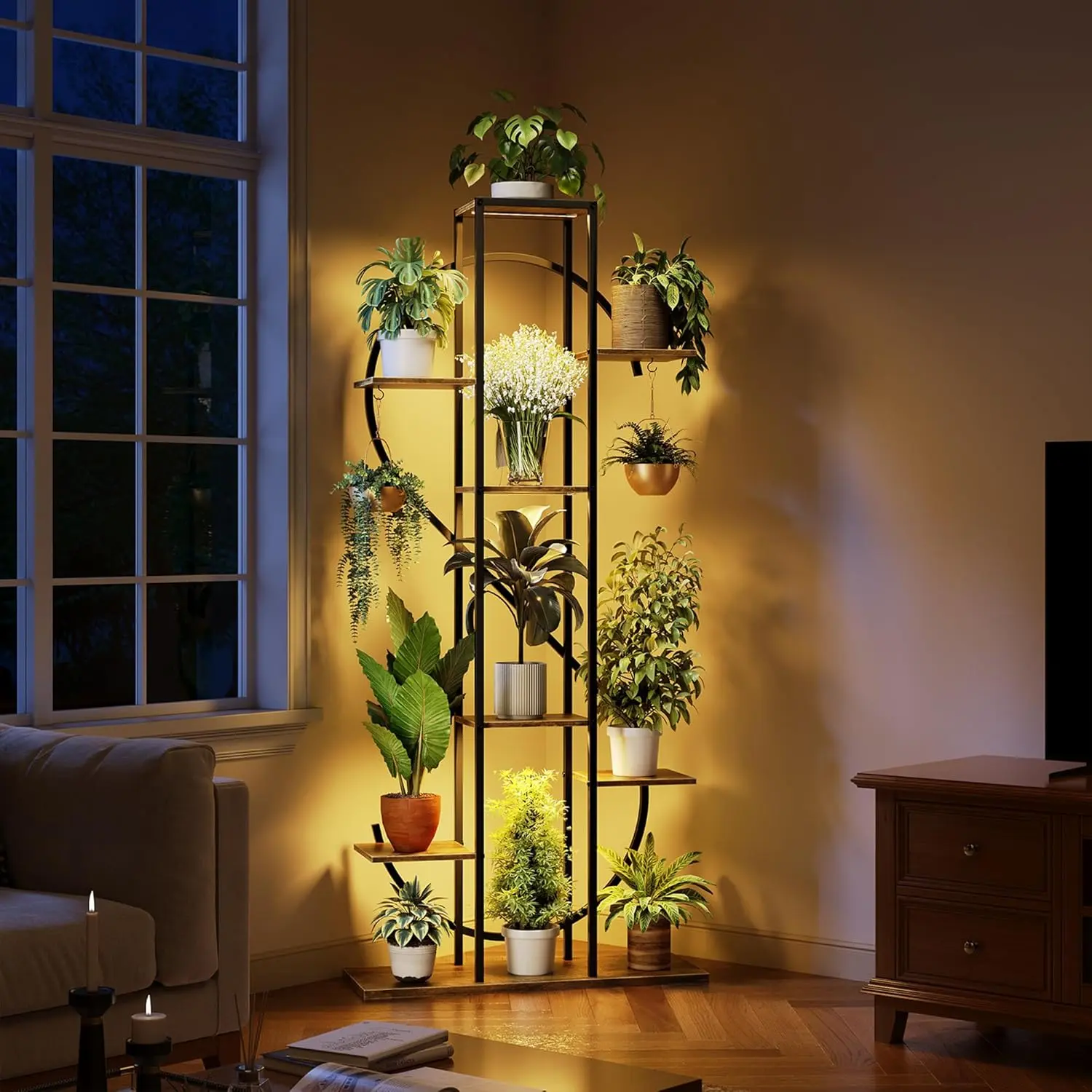 62-inch Tall 8-Tier Black S-Shaped Iron Garden Planter Stand - 0.85mm Thickened Frame, Anti-Tip Strap, 2 Hooks, Grow Lights, 5V USB Wall Adapter, 23.6"x9.84" Wipe-Clean Corner Holder, Vertical Tower for Living Room, Balcony (Birthday Gift Option)