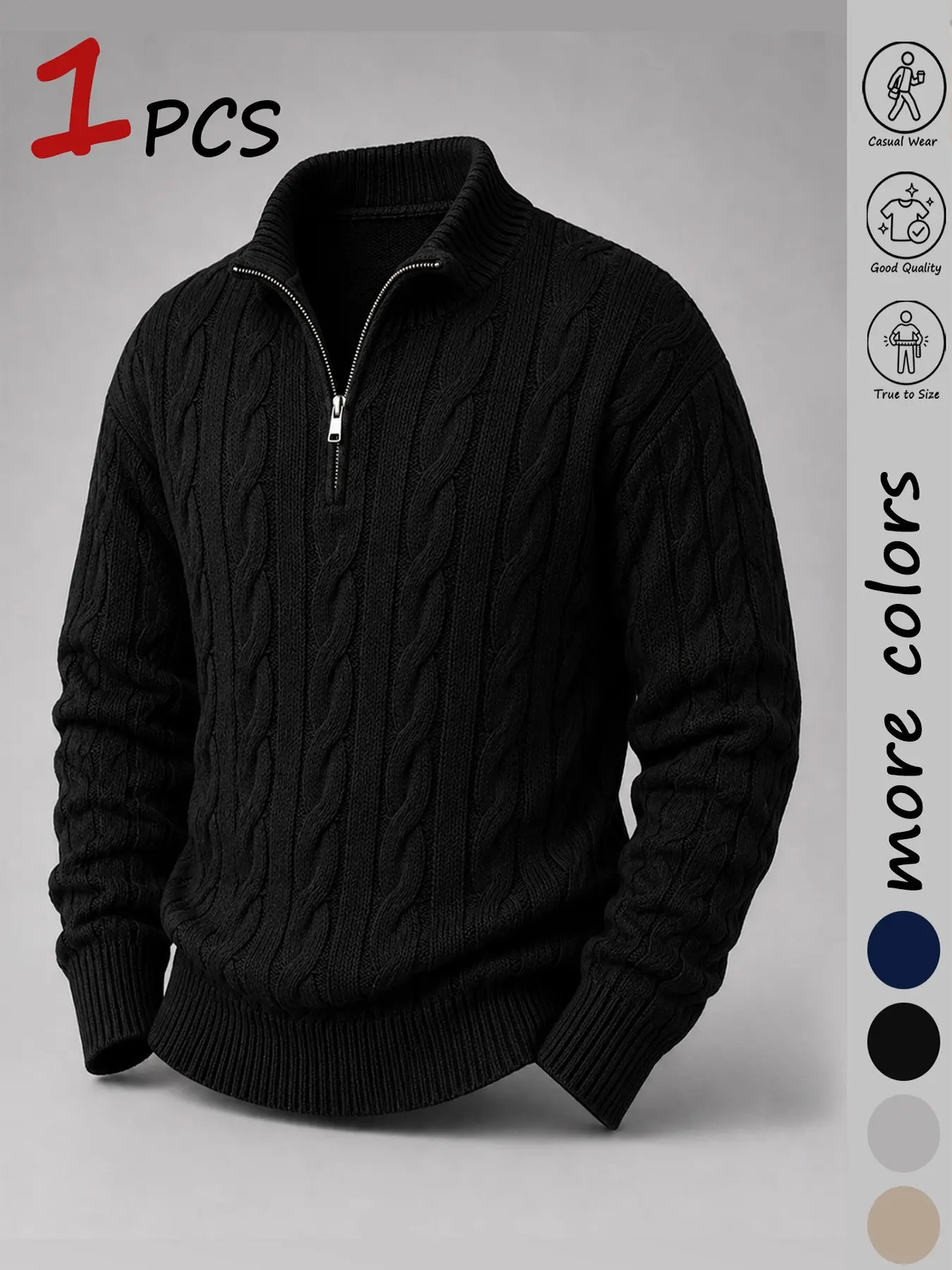 Men's Quarter Zip Stand Collar Cable Knit Sweater, Thick Warm Stretch Jumper, Slim-Fitting, Fall&winter Casual Top