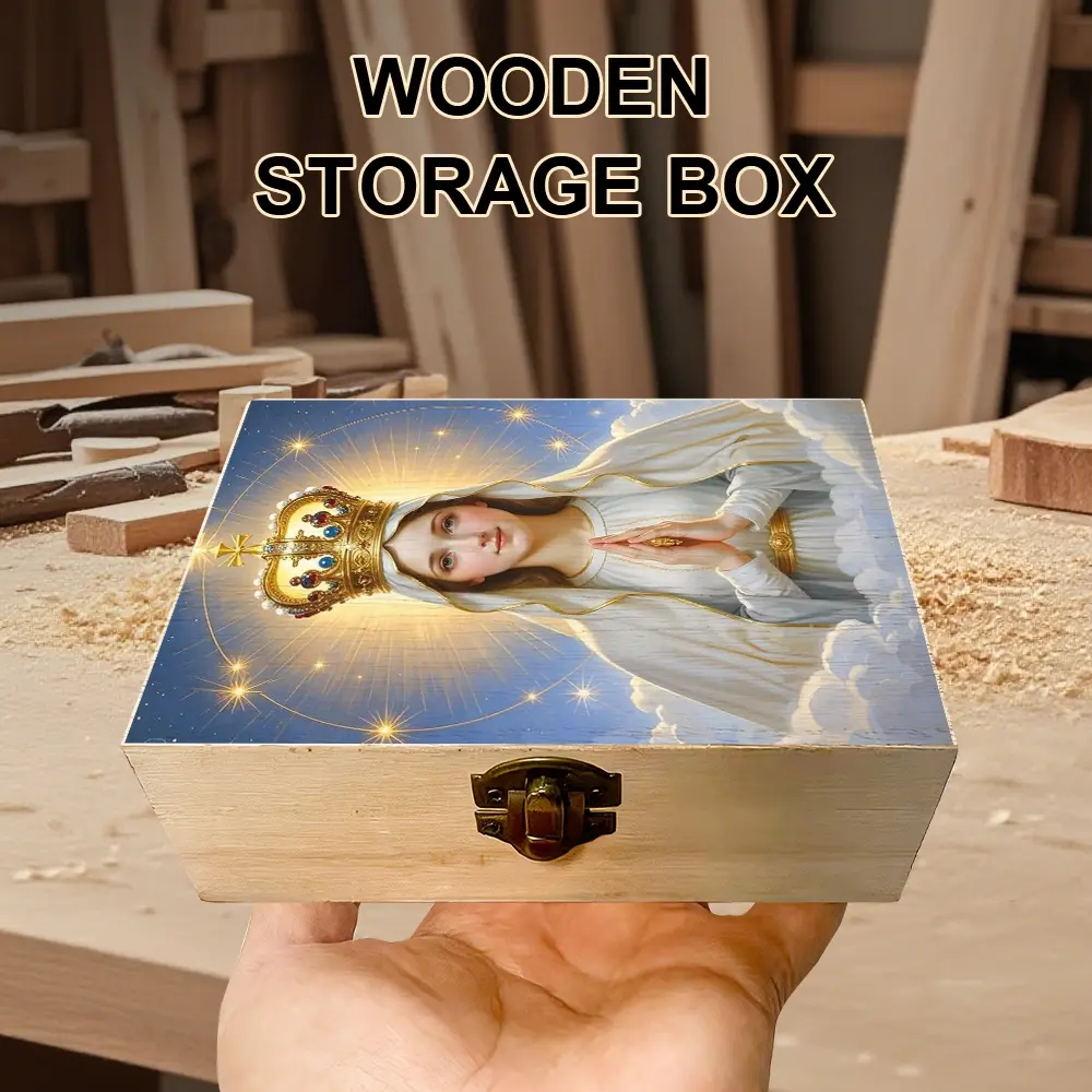 1Pc Hand - crafted Wooden Storage Box, Prayer Box with Blessed Virgin Mary Illustration, Small Gift Storage Box Trinket Organizer Keepsake Box for Home Altar, Personal Devotion, Spiritual Gift - giving, Rustic and Devotional Home Decor, Decorative Boxes