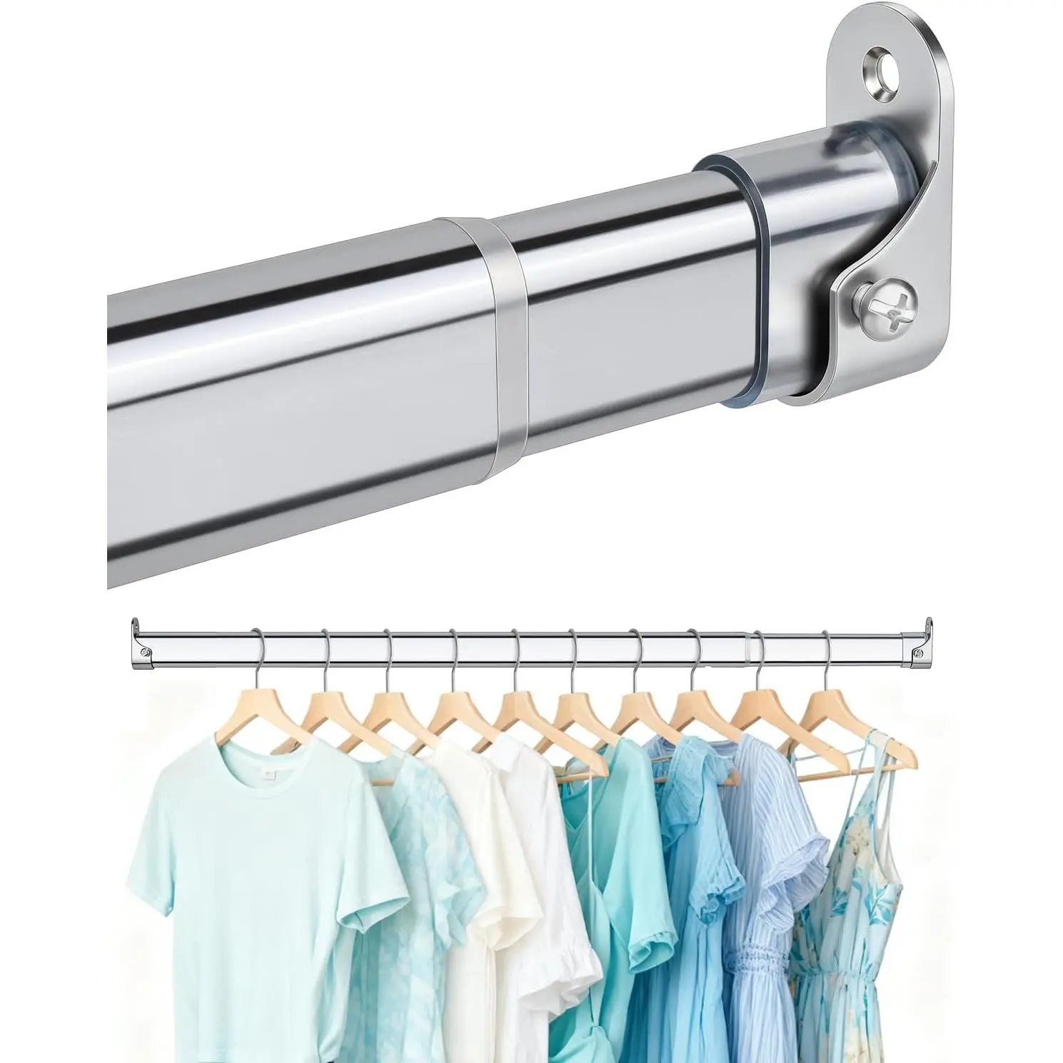 Adjustable Heavy Duty Extendable Oval Chrome Closet Rod for Hanging Clothes, 30 to 54.5 Inch, Carbon Steel Wardrobe Tube with End Supports