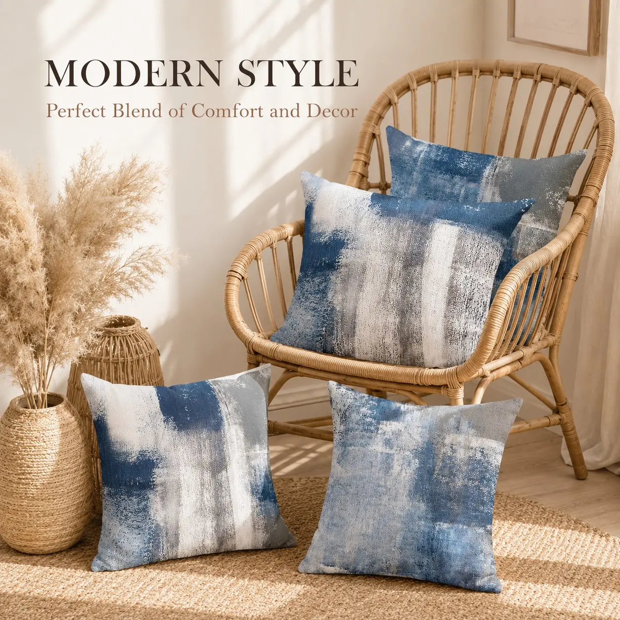 Set of 4 Blue Abstract Art Pillow Covers, 18x18 Inches, Modern Style Decorative Pillow Cases, Suitable for Bedroom, Sofa, Living Room