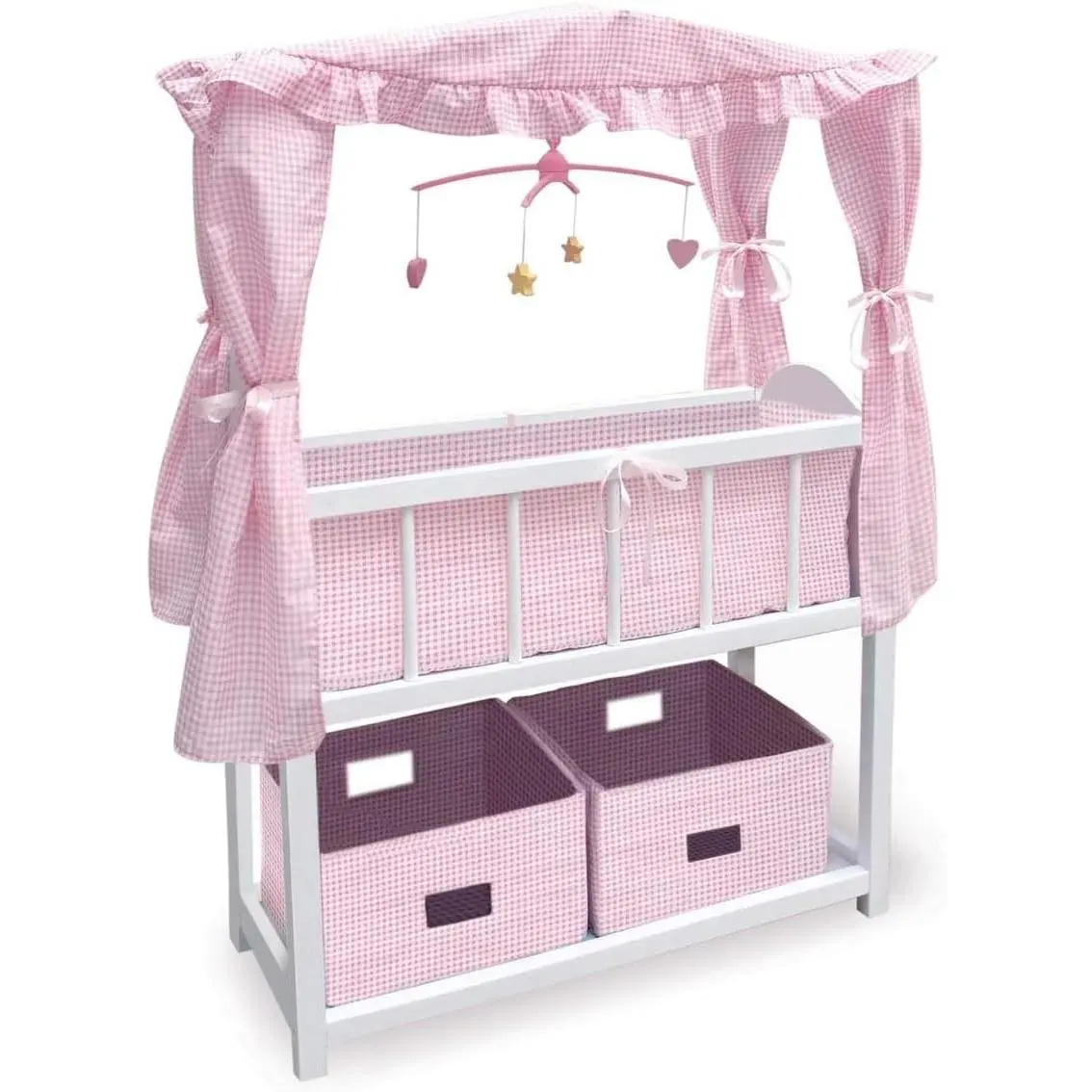 Doll Crib with Bedding, Storage Baskets, Mobile & Personalization Kit - Ideal Nursery Set for Dolls Up to 22 Inches, Best for Doll Accessories & Playtime - White/Pink
