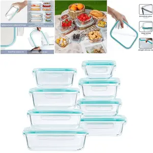 Glass Refrigerator Storage Set 8 Pieces, Food Grade Sealed Lunch Box, Leak Proof Lock Lid, Microwave Safe, Ideal for Parties, Camping, Weddings