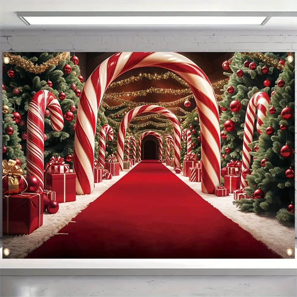 Christmas Red White Arch Backdrop Banner - Polyester Fabric Tapestry with Playful Prints, 160 inches x 70 inches, Home Decor for Baby Shower, Anniversary, Holiday Party Photo Background Wall Hanging