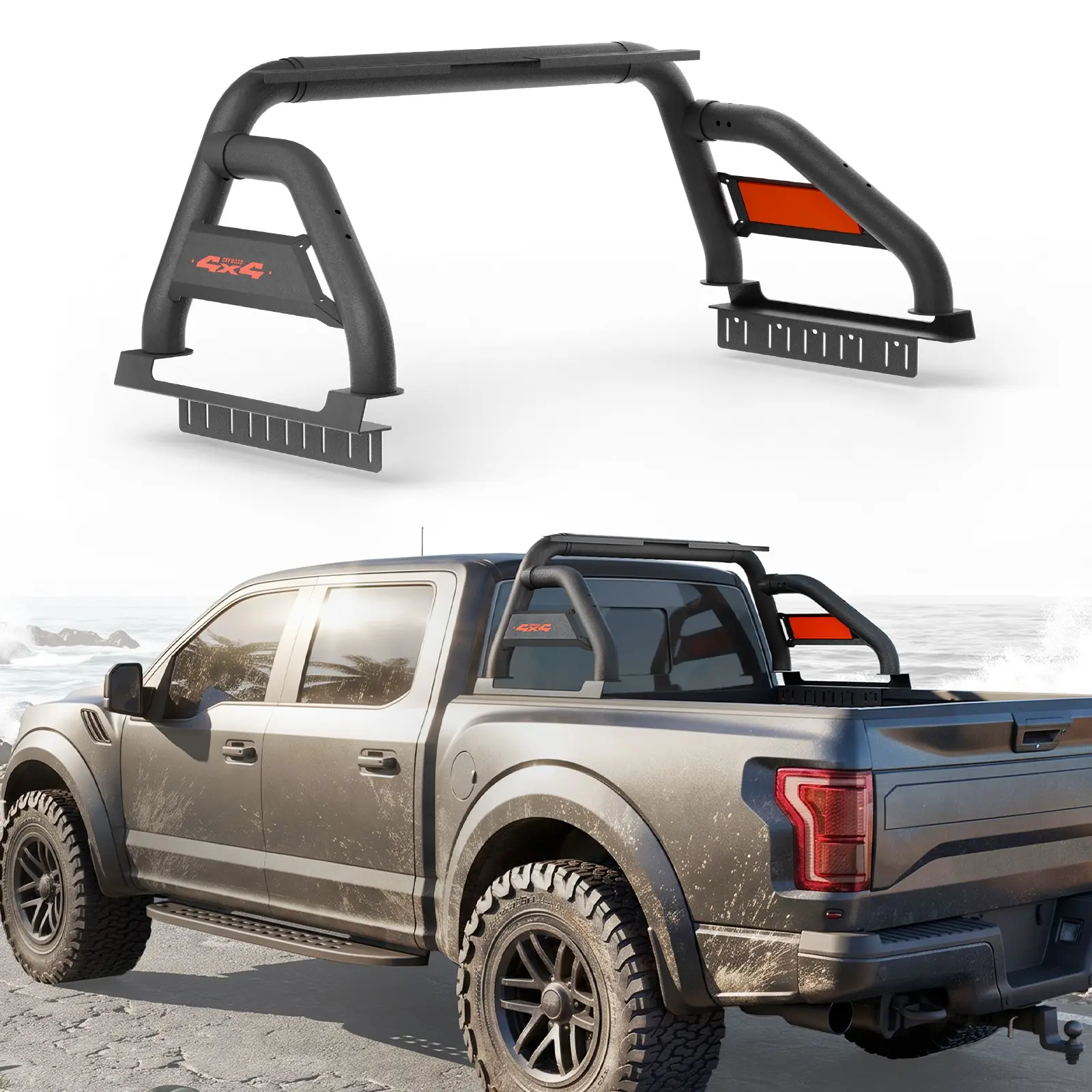 Adjustable Truck Roll Bar Chase Rack with Cargo Support & Mounting Kit, 56-65 in Size Range for F-150, Silverado, Tacoma, Sierra Pickup Trucks