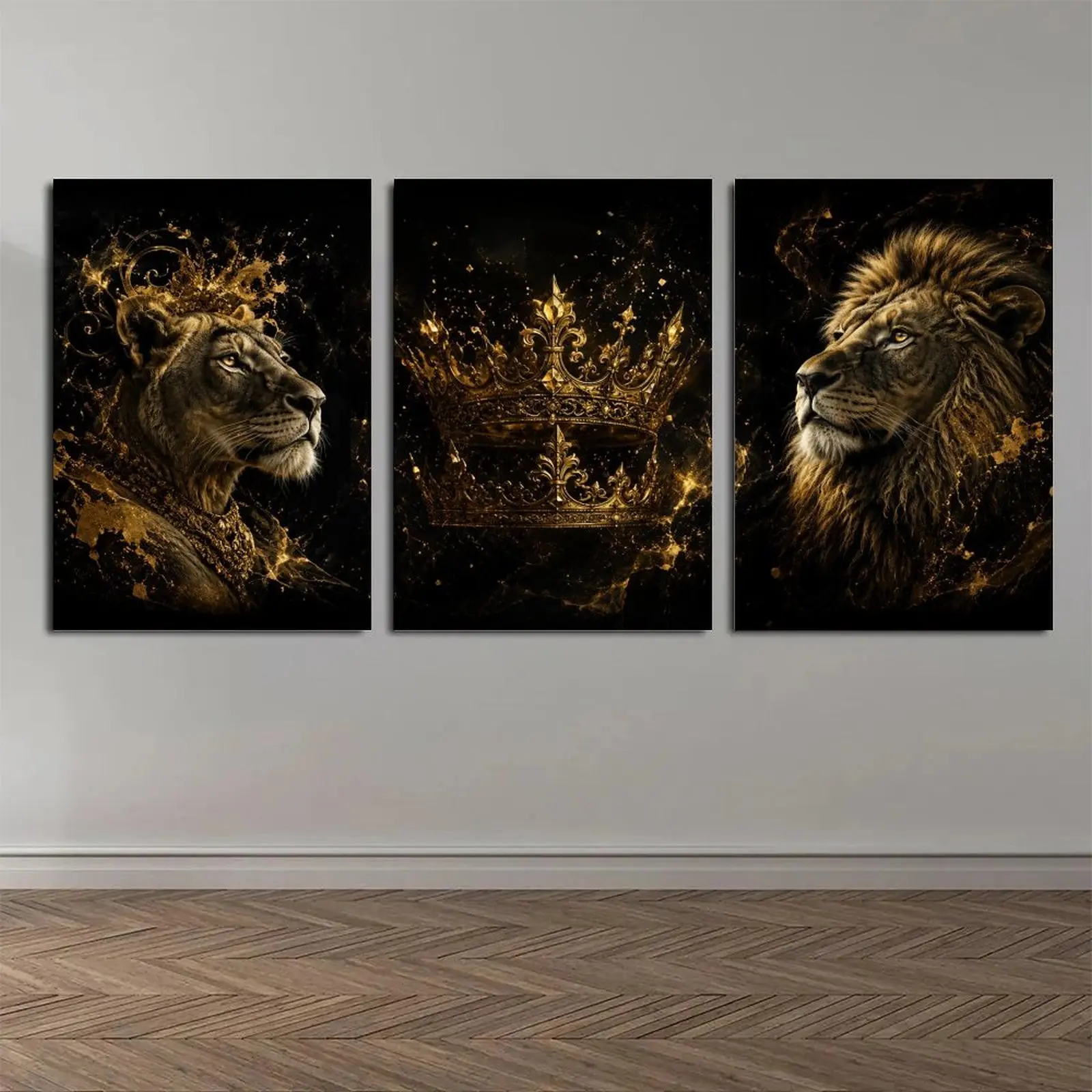 Royal Lion and Lioness Triptych Canvas Wall Art, Black Gold Crown Animal Poster Set for Living Room Bedroom Office Study Hallway Decor, Available as Unframed Canvas Poster or Framed Canvas Wrap