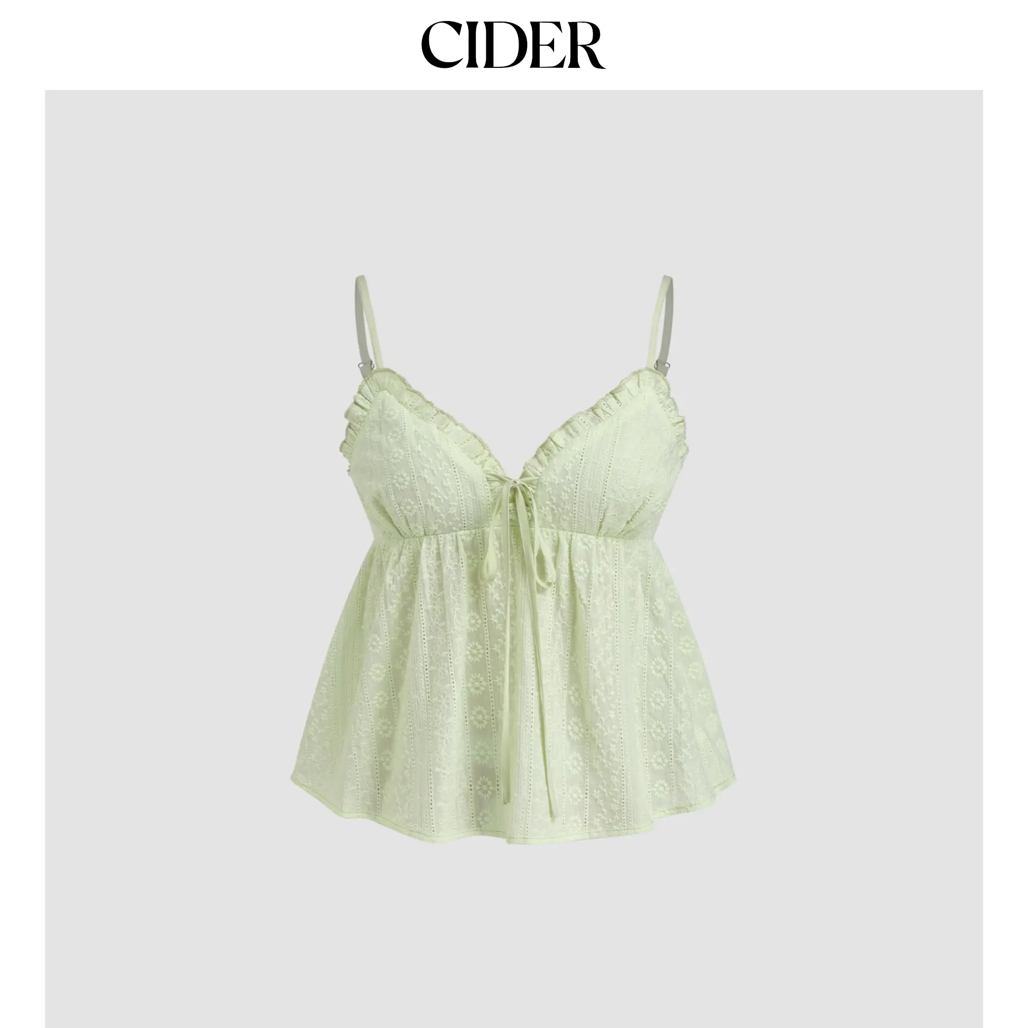 Cider Women's Broderie Anglaise V-Neck Shirred Lettuce Trim Cotton Cami Top