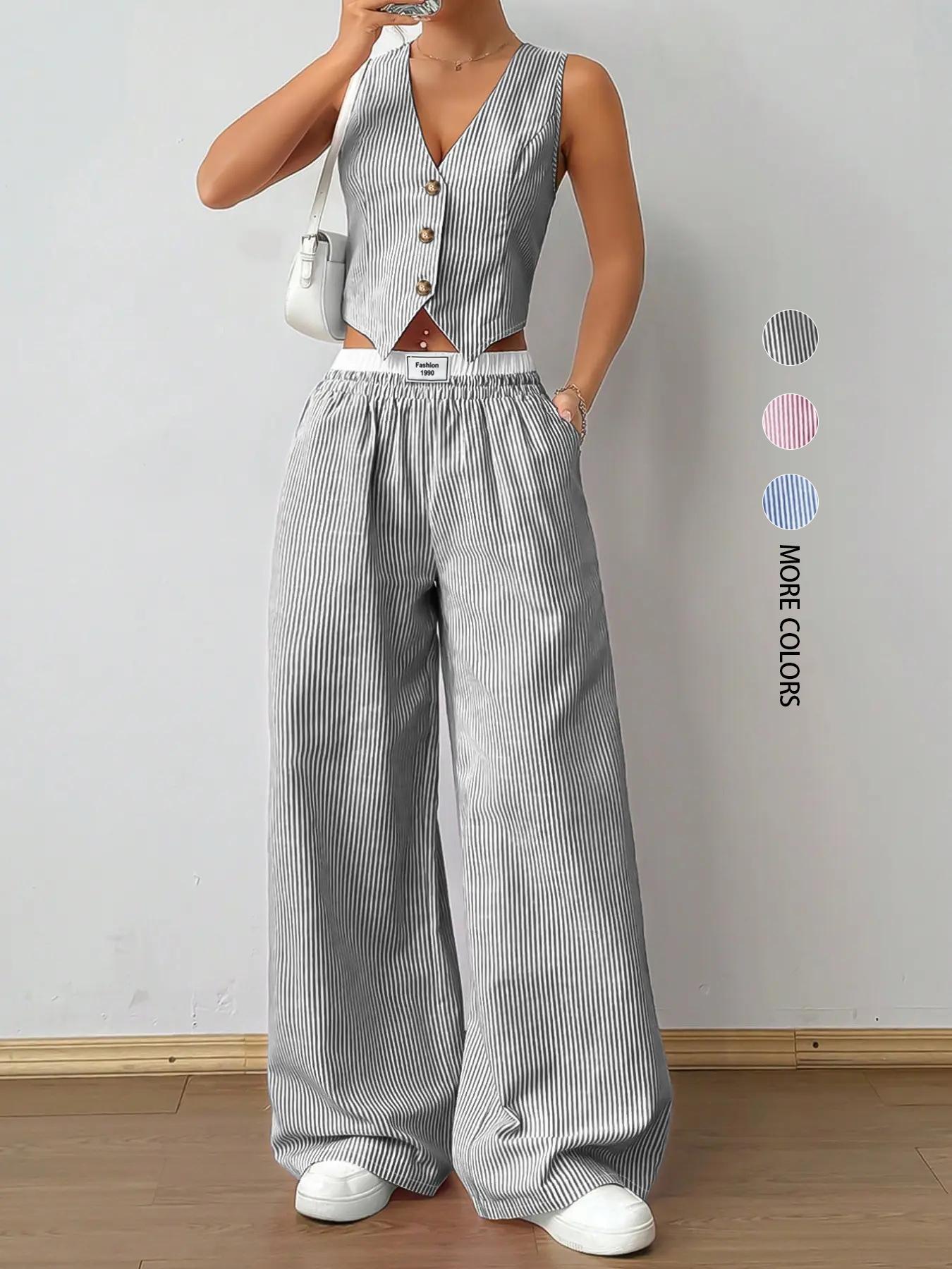 Women's Striped Print Vest Top & Wide Leg Pants Two-Piece Set, Casual Sleeveless Top & Pants for Summer, Ladies Clothes for Daily Wear