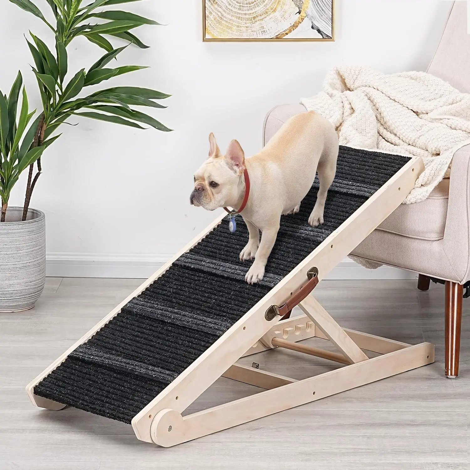 Foldable Dog Ramp for Bed Couch Car, 6 Adjustable Height from 12" to 24", Wooden Portable Ramp with High Traction Mat for Small to Large Dogs, Holds Up to 200LBS