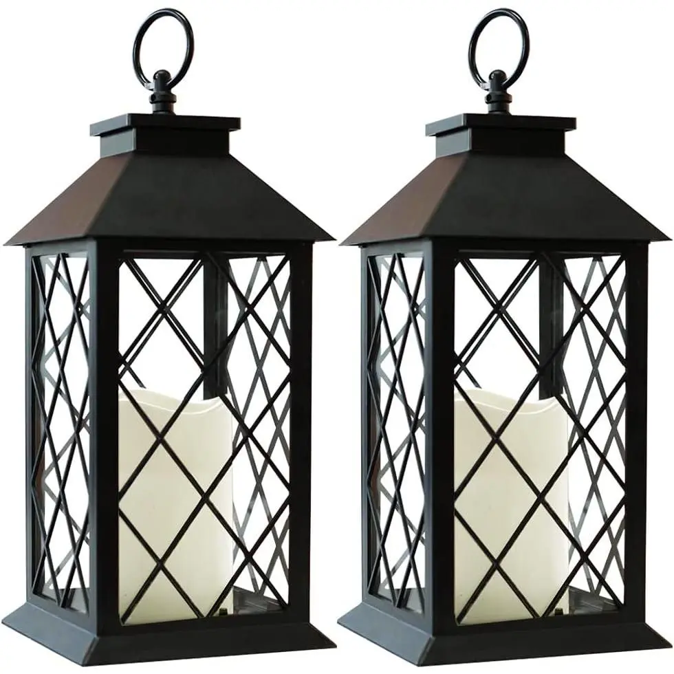 2-Pack 13.5" Vintage Candle Lantern with LED Pillar Candle (Black, 6hr Timer) - IP44 Waterproof Battery Powered Decorative Light - Outdoor Patio Hanging Lantern Decorative Tabletop Light