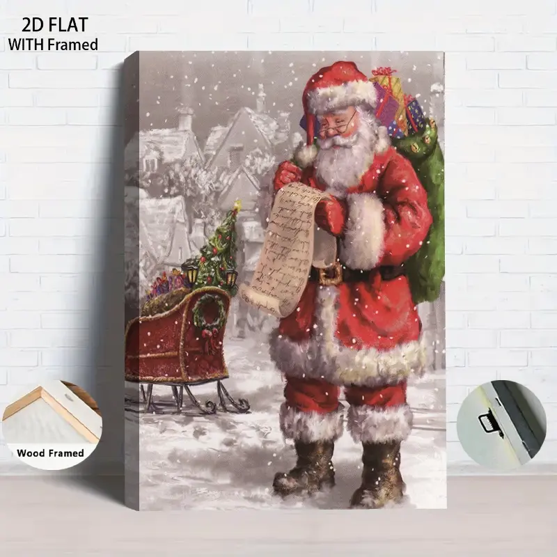 1PCS With Framed Christmas Santa Claus Reading Letter Canvas Wall Art with Wooden Frame Xmas Decoration Painting for Living Room Home Holiday Decorations Winter Snow Scene Festive Poster Print Ready t
