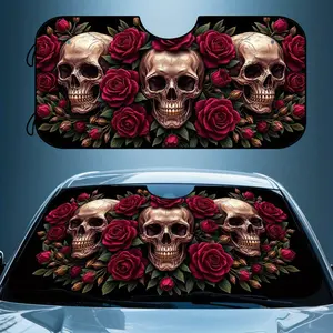 1pc  Foldable Car Sunshade for The Front Windshield, Featuring a Dark Floral Pattern with Gothic Skulls, Easy to Use, Perfect for The for Halloween Season