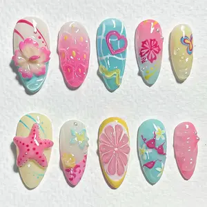 Viral Y2K Summer Main Character Energy 30Pcs Hand Painted Beach Seashell Press On Nails 3D Stereo Flower Butterfly Heart High Quality Reusable False Nail Tips For Women Daily Beach Vacation Glam Look