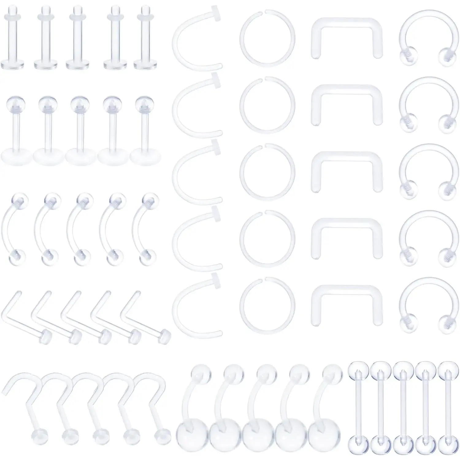 55 count Clear    Set: Nose Studs, Nose Hoops,  Rings, Septum Retainers, Lip Rings, Tongue Rings &  - 7g,  Sizes