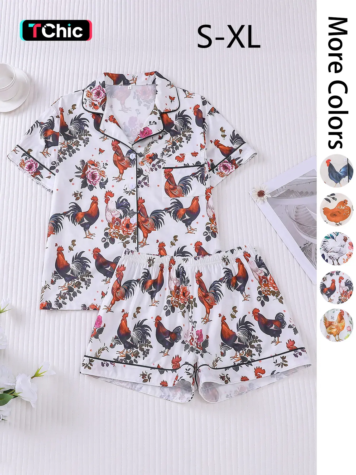 Women's All Over Chicken Print Crop Top & Elastic Waist Shorts Pyjama Two-piece Set, Casual Comfy Short Sleeve Top & Shorts PJ Set, Ladies Summer Sleepwear, Loungewear, Matching Lounge Sets, Matching Pj Set, Pajama Shorts Set, Matching Pajamas Set