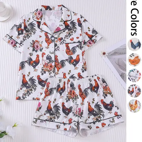 Women's All Over Chicken Print Crop Top & Elastic Waist Shorts Pyjama Two-piece Set, Casual Comfy Short Sleeve Top & Shorts PJ Set, Ladies Summer Sleepwear, Loungewear, Matching Lounge Sets, Matching Pj Set, Pajama Shorts Set, Matching Pajamas Set