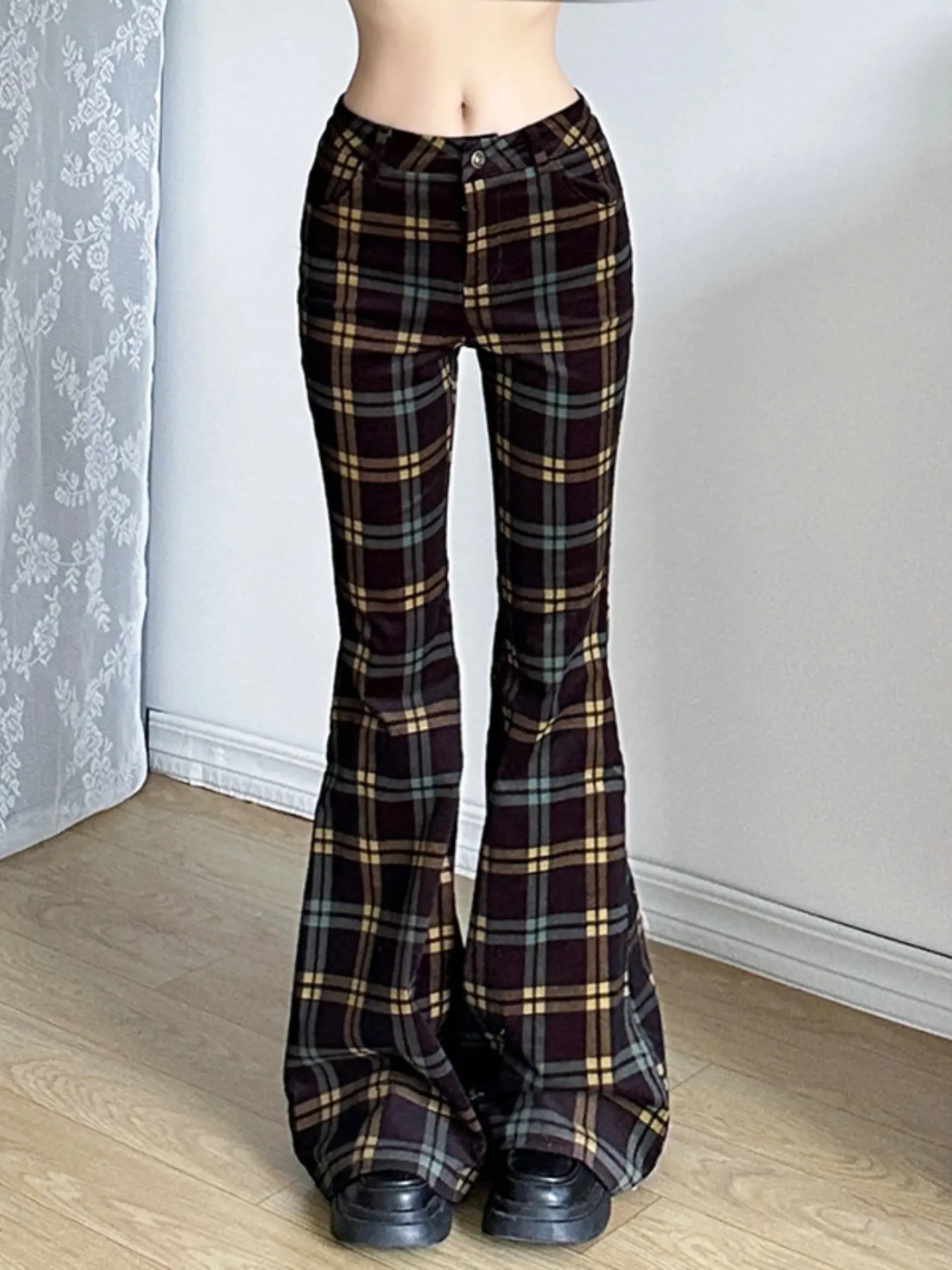 Women Vintage Tartan Plaid Flare Pants, High Waist Slim Bootcut Bell Bottoms, Retro Checkered Wide Leg Y2K Streetwear Casual Vibe Trousers