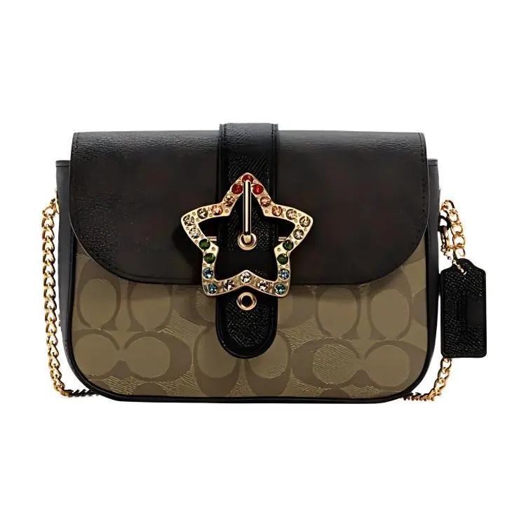 COACH Gemma 18 Star-Studded Flap Crossbody Bag for Women – Classic Logo, Color-Blocked Coated Canvas and Crosshatch Leather, Brown