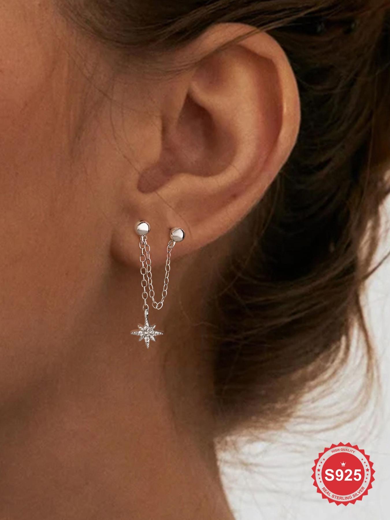 925 Sterling Silver Chain Design Earrings, Double-Threaded Eight-Pointed Star Zircon Drop Earrings, Stud Earring for Women, Fine Jewelry Gift, Elegant Minimalist Earrings