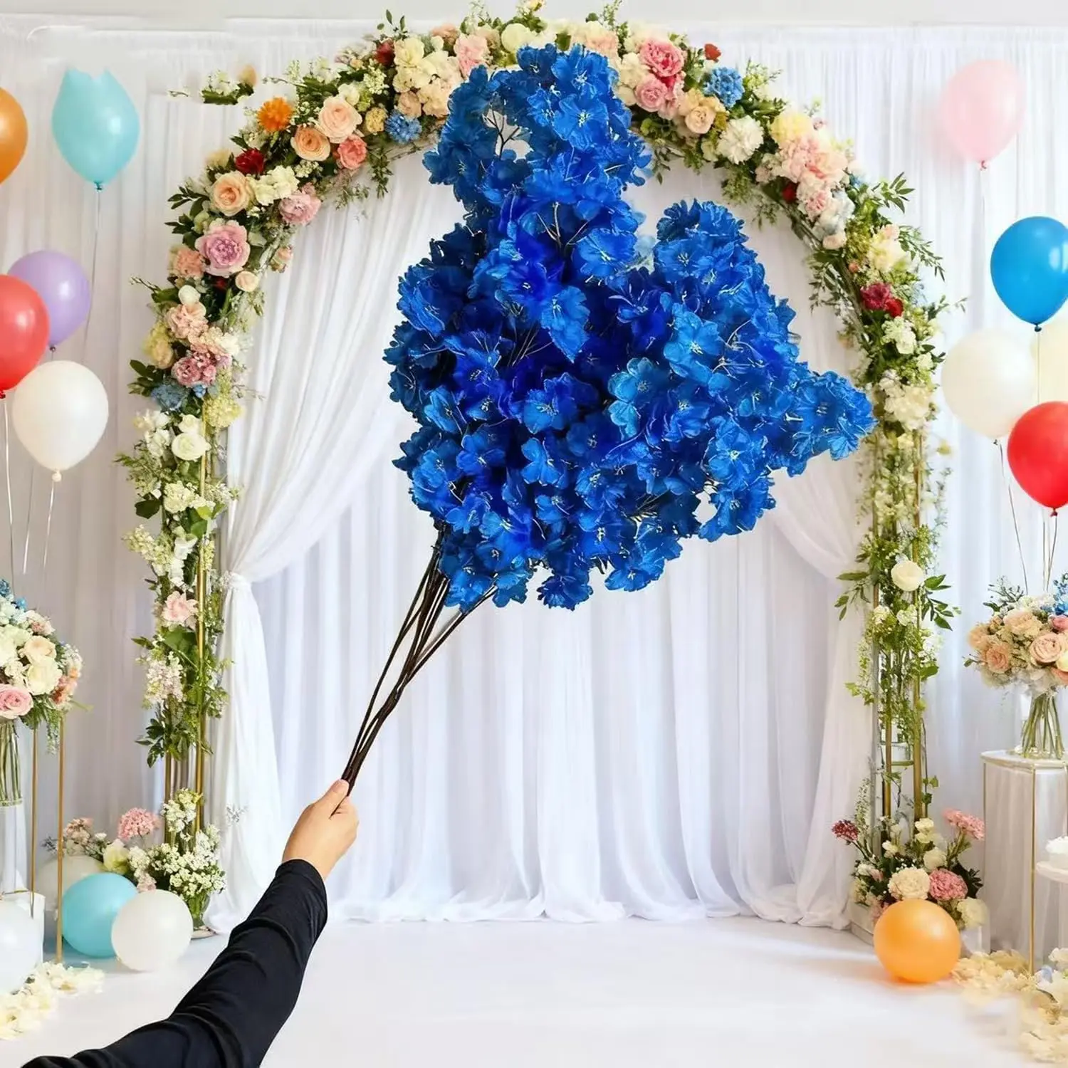 5Pcs Blue Silk Artificial Cherry Blossom Branches Set, Decorative Floral Bouquet Plants for Vase Arrangement, Wedding Home Decor