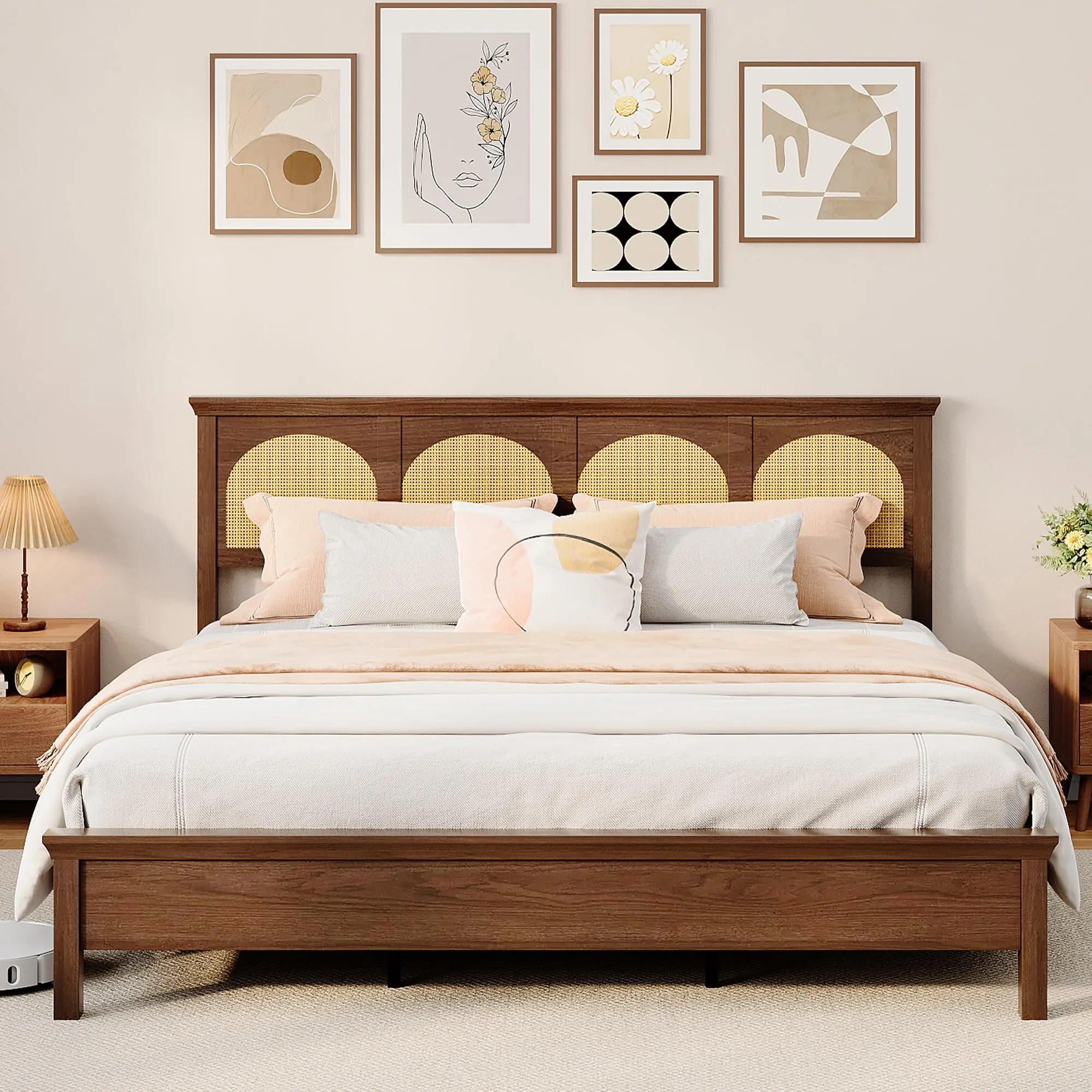 King/Full Size Bohemian Rustic Bed Frame w/ Rattan Headboard, Heavy Duty Wooden Slats Support, Easy Assembly, Under Bed Storage, Walnut Finish