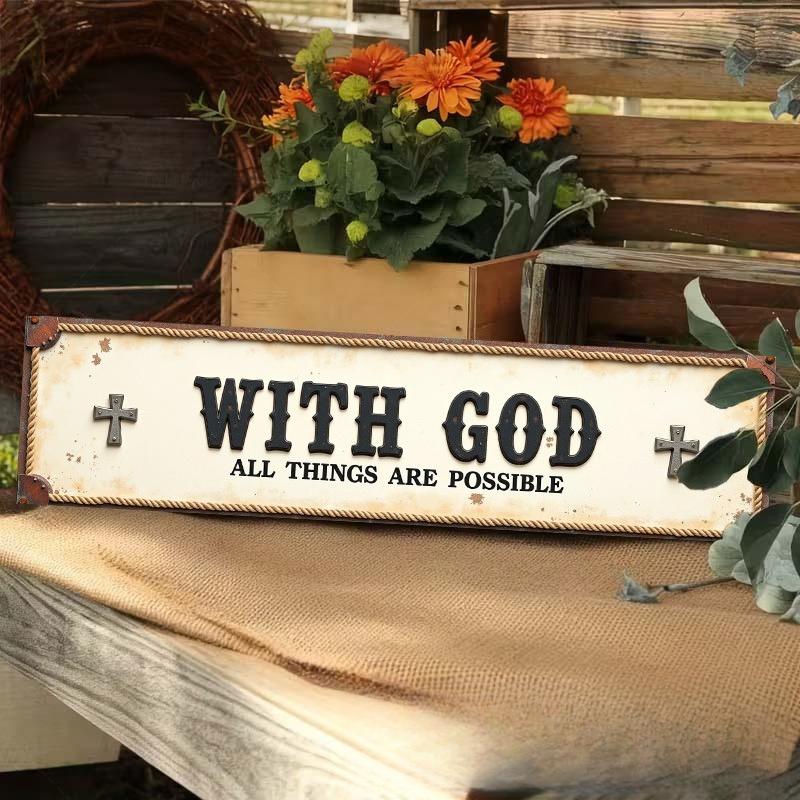 Rustic Metal Sign "with God All Things Are Possible" - 4x16 Inch Farmhouse Christian Wall Art, Vintage  Iron Scripture Plaque for /Outdoor, Porch, Garden, Church - Inspirational Verse Decor & Housewarming Gift,