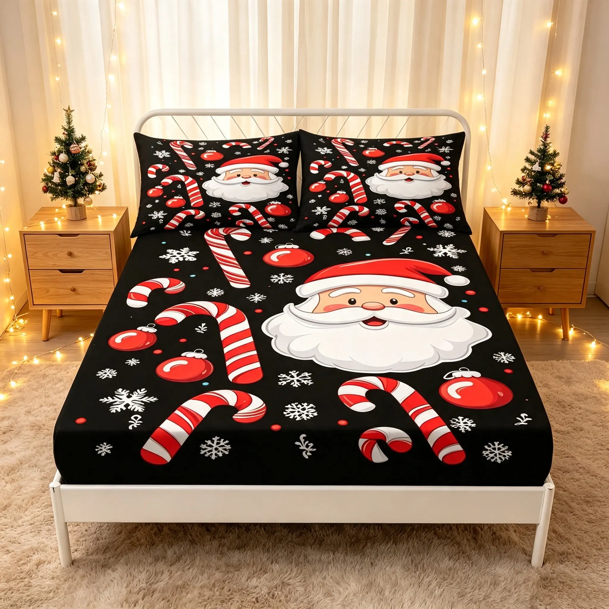 3-piece Santa Claus fitted sheet set with black background, candy cane snowflake ornaments, perfect for Christmas bedroom decor. Includes 1 fitted sheet and 2 pillowcases, ideal for home and dormitory decor