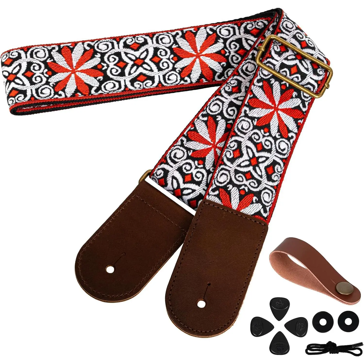 Anti-Slip Woven Guitar Strap Kit - Adjustable, Cowhide Leather Ends, 2 Strap Locks, Compatible with Bass, Electric & Acoustic Guitars (Orange Vine), Unisex