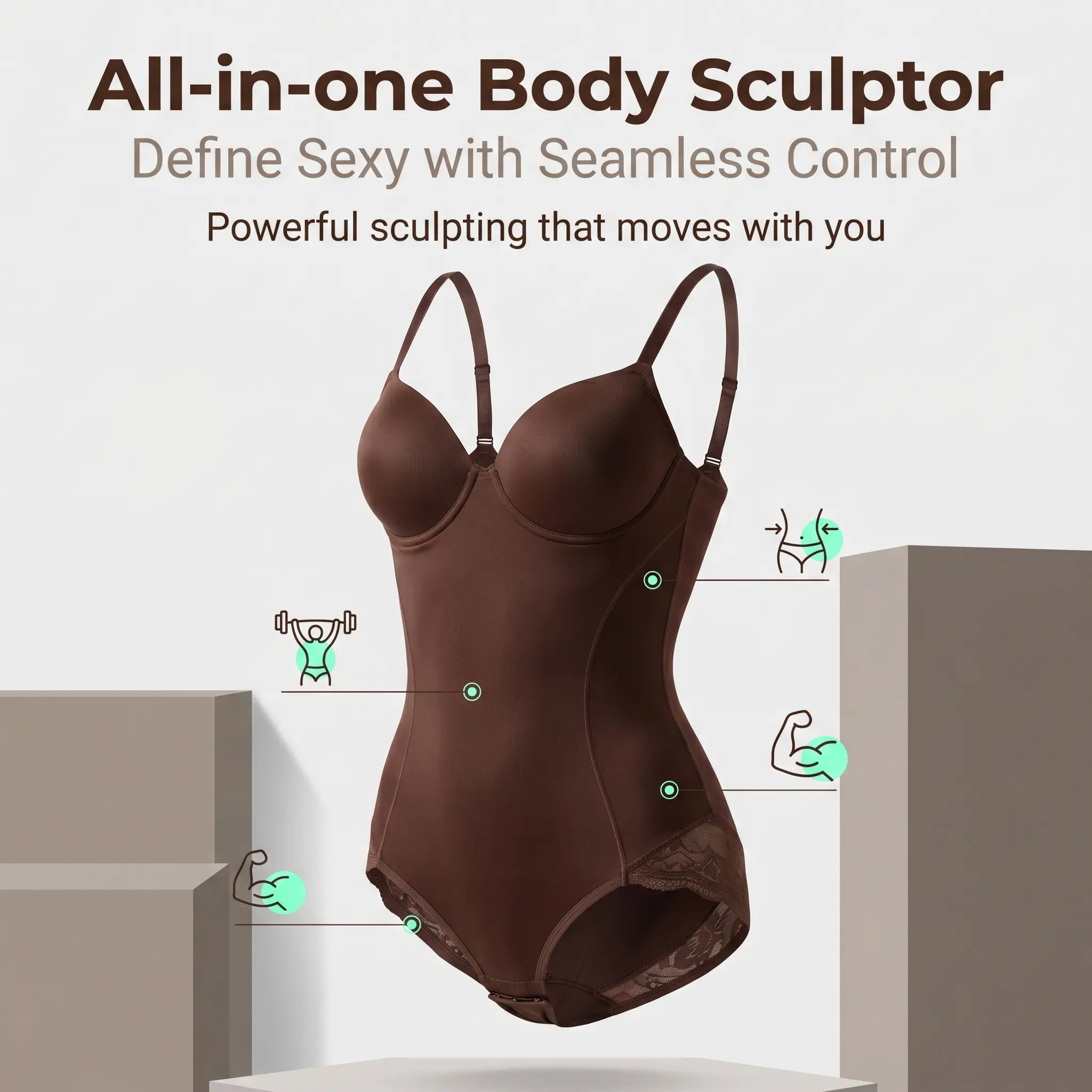 Women's Seamless Shapewear Bodysuit - Second Skin Feel, Light Slimming, Mild Waist Shaper, Thin Straps, Built-In Bust Support, Invisible Light Compression, Everyday Under Outfit Wear