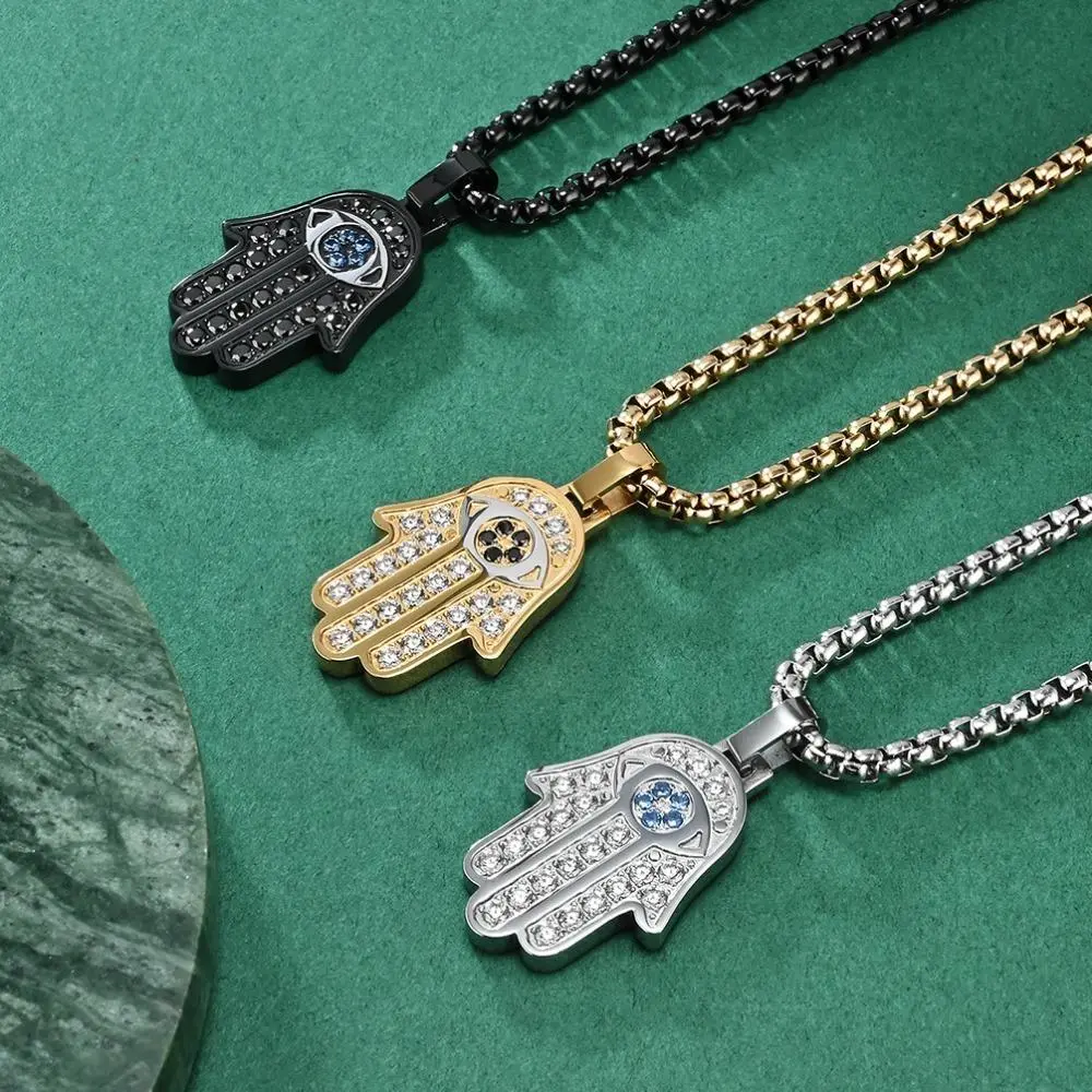 Unisex Pave CZ Hamsa Hand Pendant Necklace, Titanium Steel Fatima Hand Necklace, Spiritual Evil Eye Protection Talisman Jewelry, Waterproof Tarnish Free Fashion Necklace for Men & Women