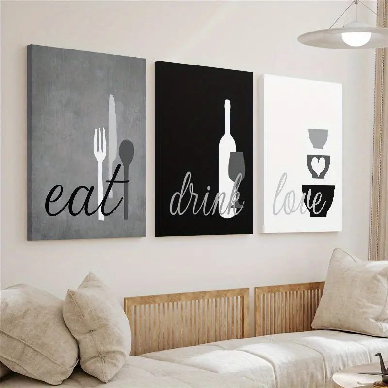 2D Flat Print Wrapped Canvas Print Set Of 3, Modern Wine & Food Canvas Wall Art, Wood Framed Kitchen Wall Decor, Indoor Home Decoration For Dining Room, Living Room, Ideal Housewarming And Holiday Gift