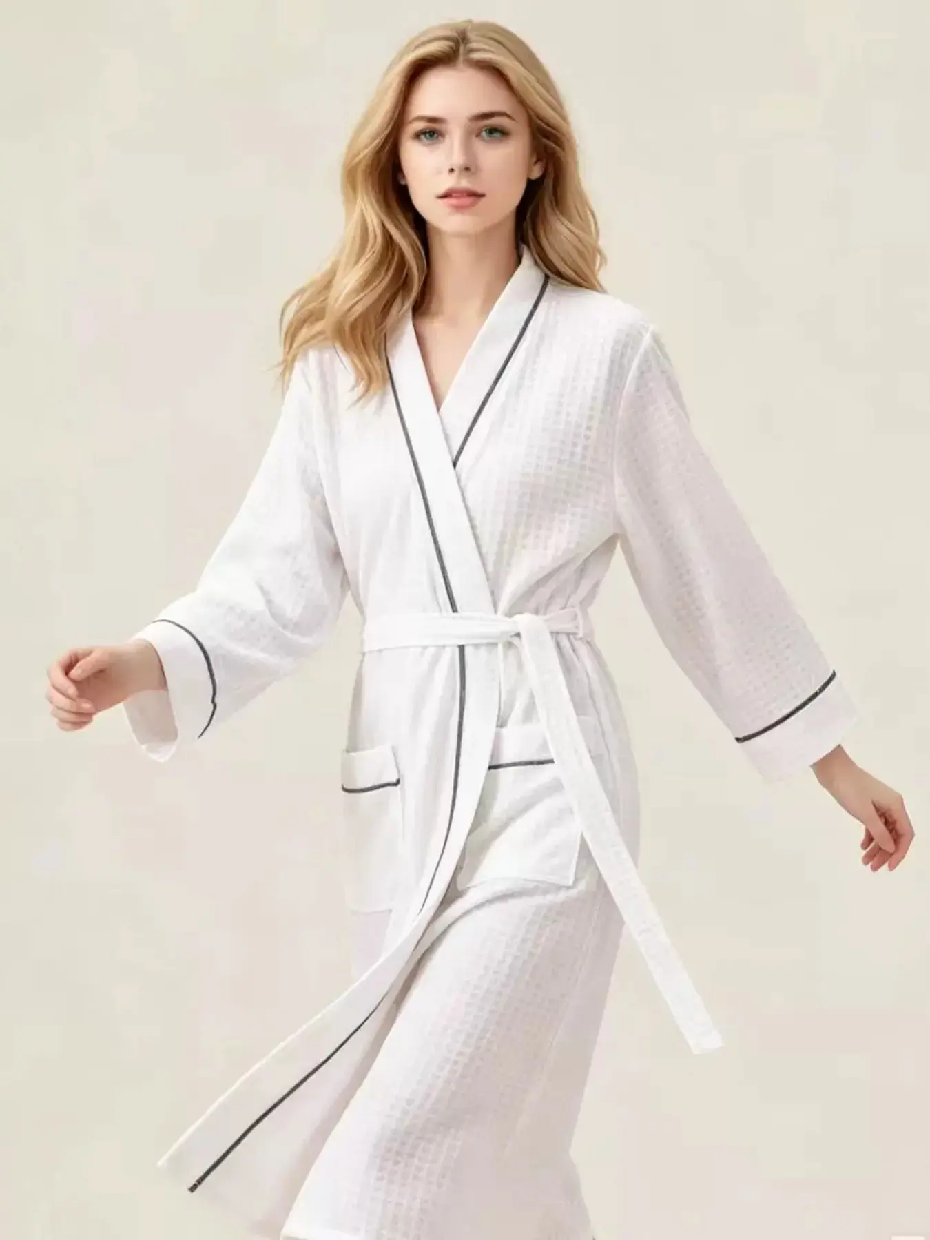 Women's All-Season Waffle Bathrobe, Large Size Long Sleeve Sleep Dress, Quick-Dry Absorbent, Border Design, Comfortable Nightwear, Loungewear