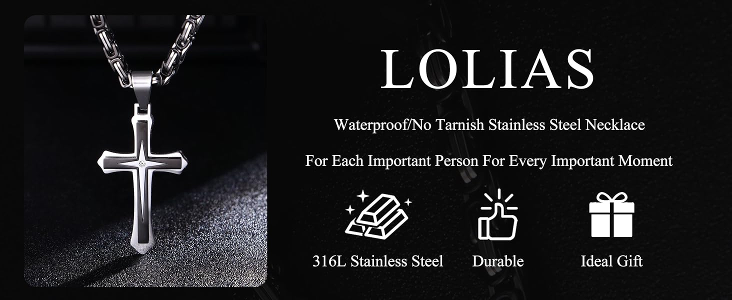 LOLIAS Black Gold Cross Necklace for Men Stainless Steel Byzantine Chain With Cross Pendant Necklace Mens Gift 22-30lnch