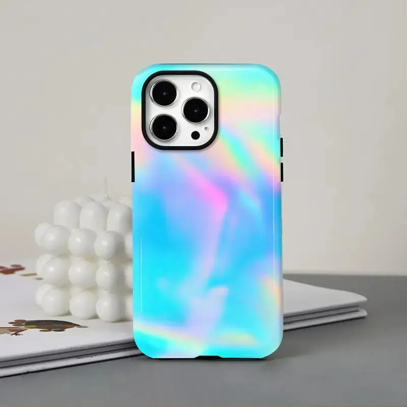 Blue holographic laser gradient design, durable, shock-absorbing and glossy 2-in-1 phone case, can be given as a holiday gift to friends or home, suitable for iPhone 17, 16, 15, 14, 13, 12,  and other series models