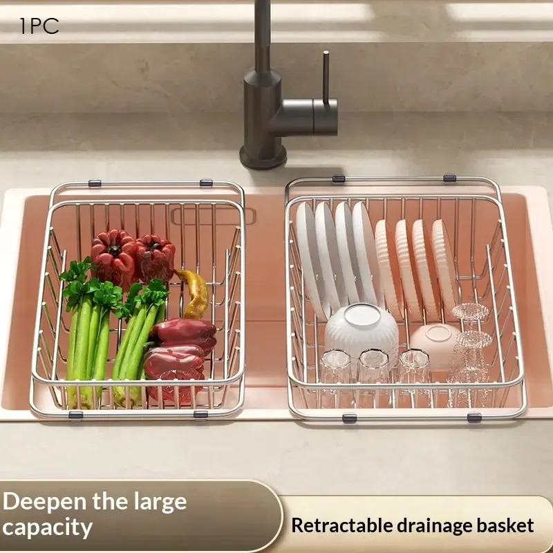 1PC Adjustable Stainless Steel Sink Drain Basket | Multi-Functional Expandable Dish Drainer Rack for Bowls, Plates & Tableware | Space-Saving Kitchen Sink Organizer for Washing & Draining