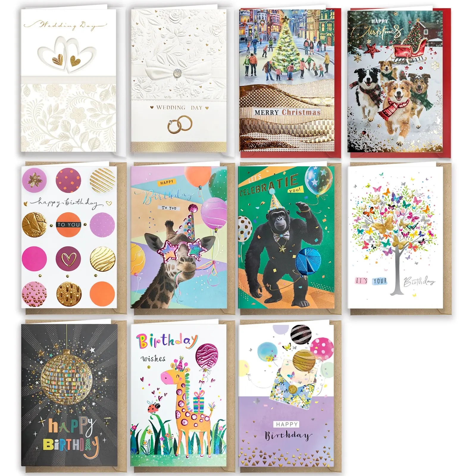 11 pcs Greeting Cards Assortment Set with Envelopes, Fun Birthday Cards, Wedding and Christmas Holiday Cards, Gift Cards for Friends and Family