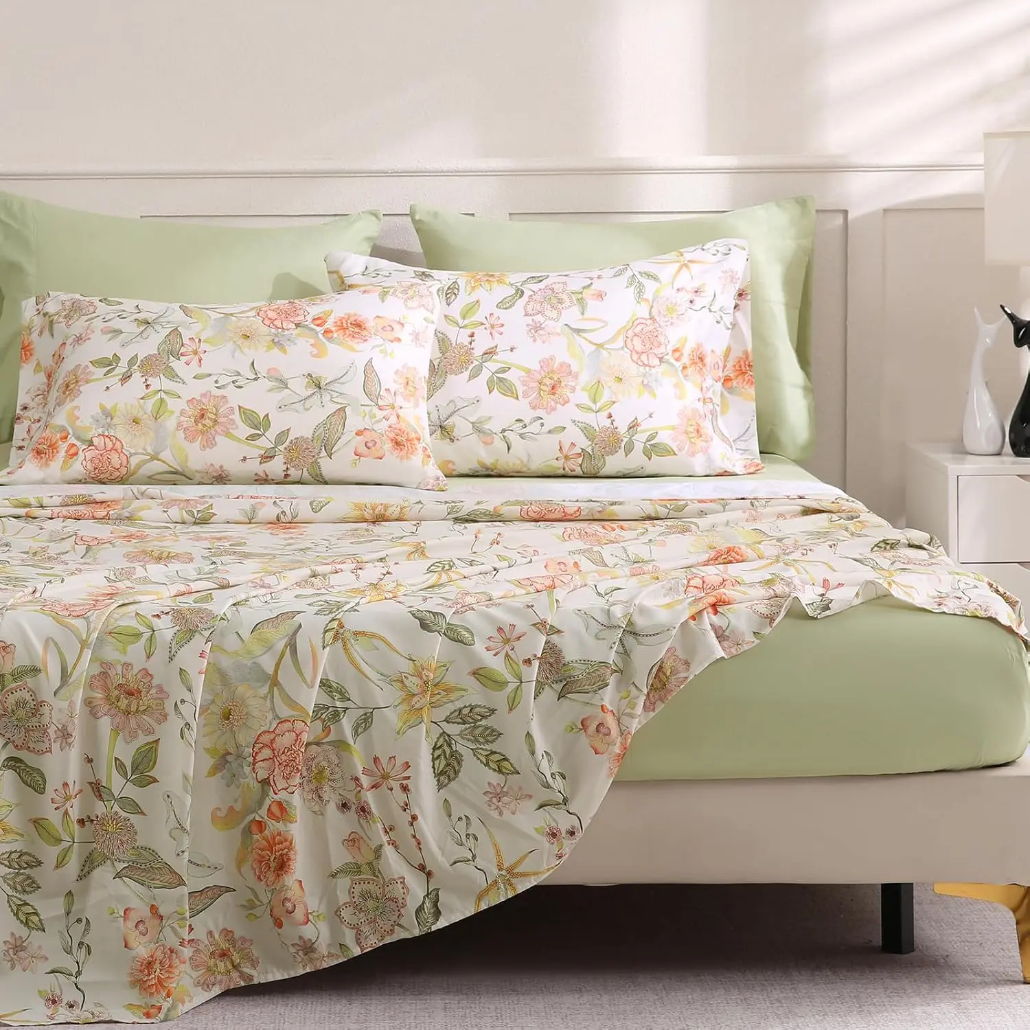 Floral Queen Size 6 Pcs Sheet Set, Breathable Microfiber Deep Green Fitted Sheets, Comfy & Breathable Patterned Flat Sheets,4 Gentle Soft Pillowcases, Fall Floral
