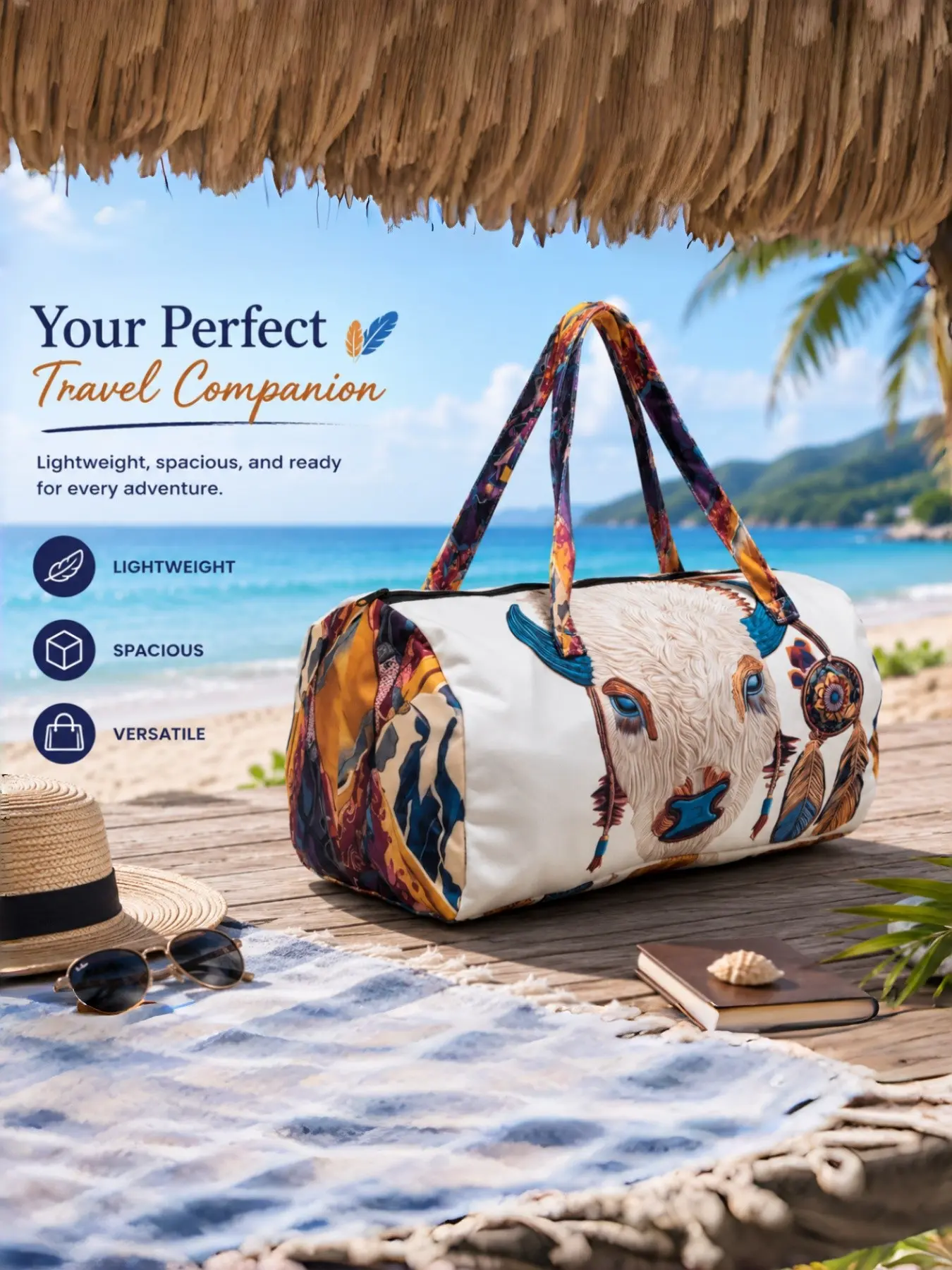 Western Retro Bison Dreamcatcher Duffle Bag, Ethnic Pattern, Reinforced Handles, Smooth Zipper, Large Capacity, Travel Bag for Camping, Fitness, Short Trips, Lightweight Travel Luggage